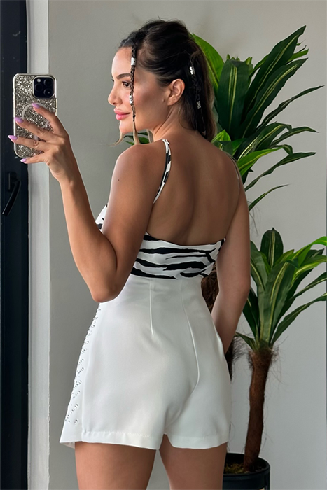 Çapraz askılı zebra desen saten bluz