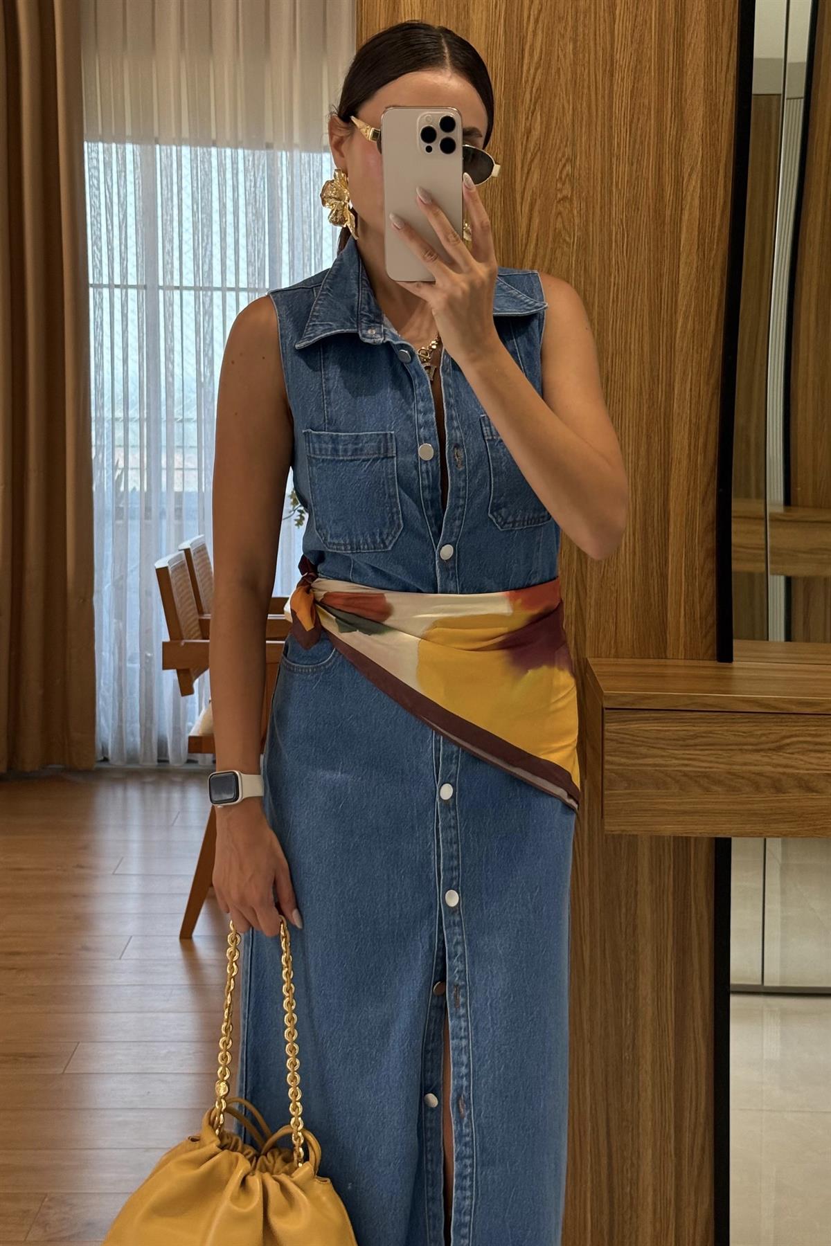 Carla Denim Ön Düğmeli Kolsuz Elbise