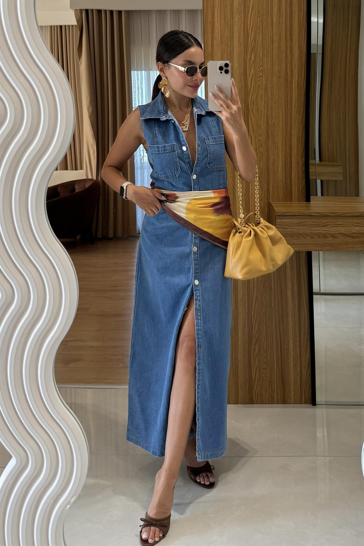 Carla Denim Ön Düğmeli Kolsuz Elbise