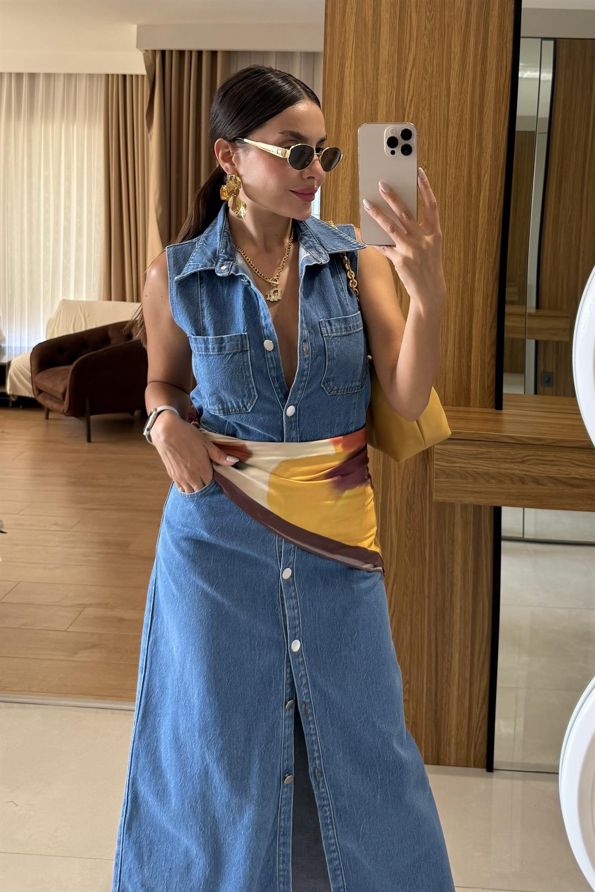 Carla Denim Ön Düğmeli Kolsuz Elbise