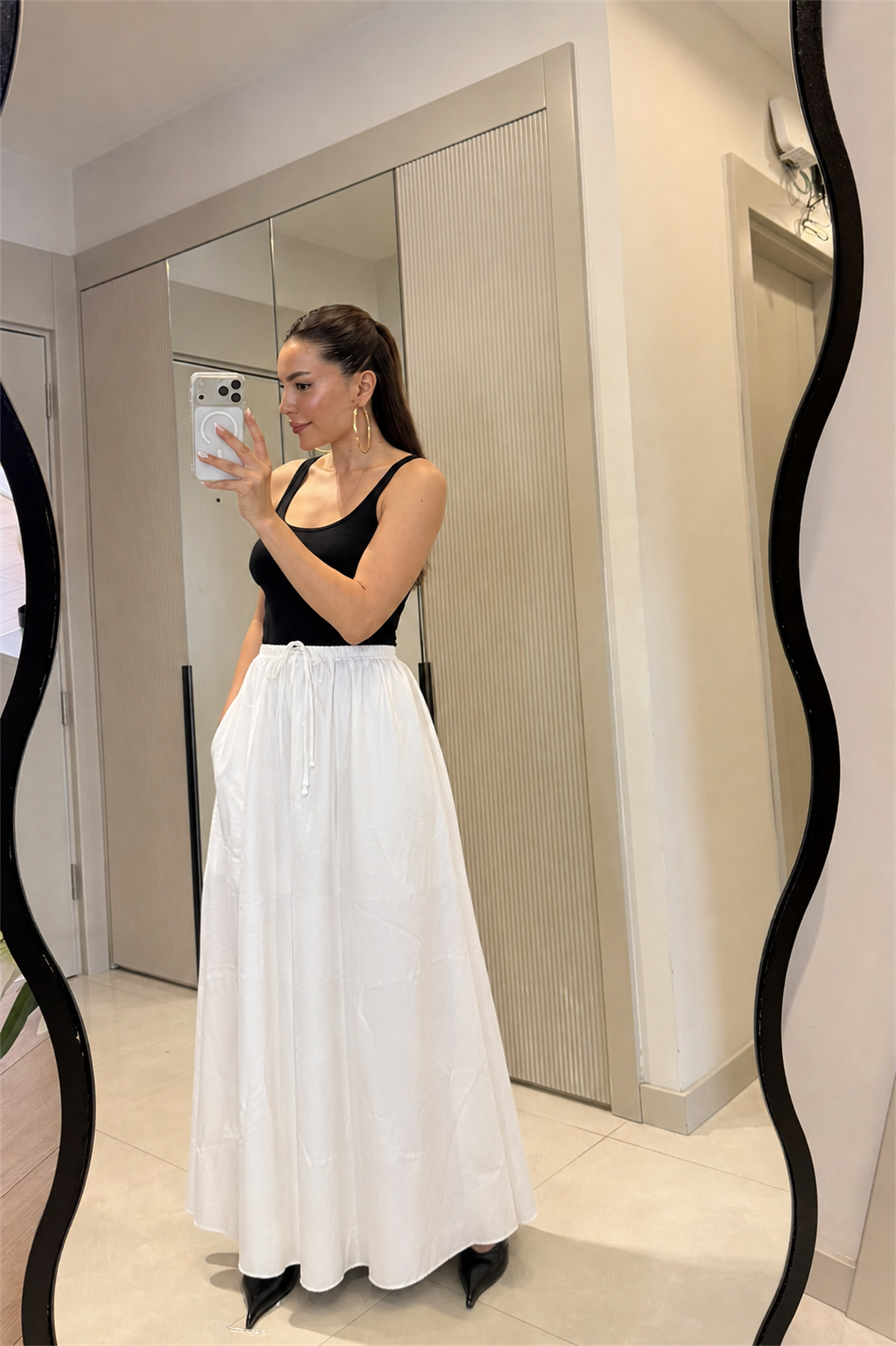 Carlen Beyaz Beli Bağlamalı Maxi Etek