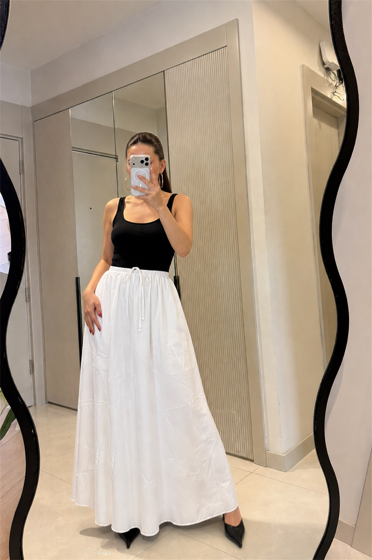 Carlen Beyaz Beli Bağlamalı Maxi Etek