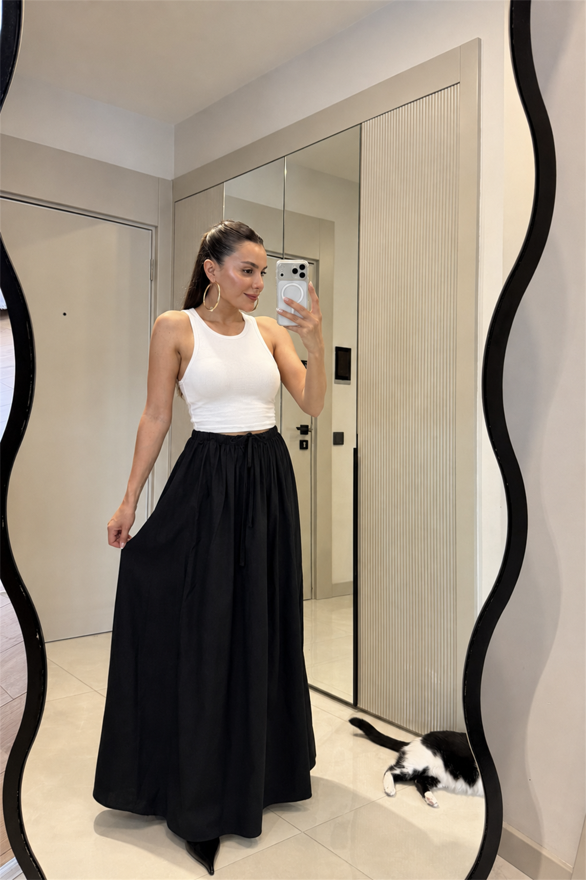 Carlen Siyah Beli Bağlamalı Maxi Etek