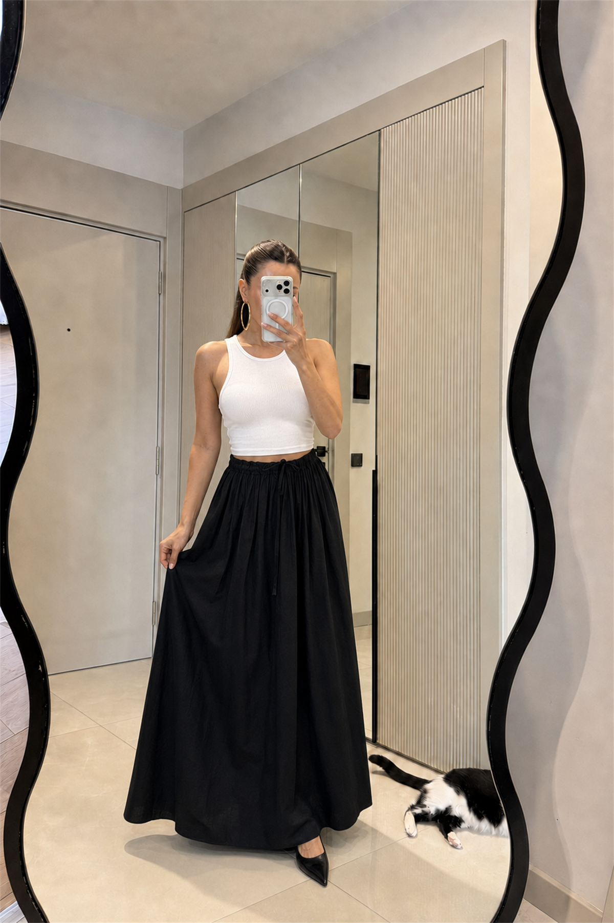 Carlen Siyah Beli Bağlamalı Maxi Etek