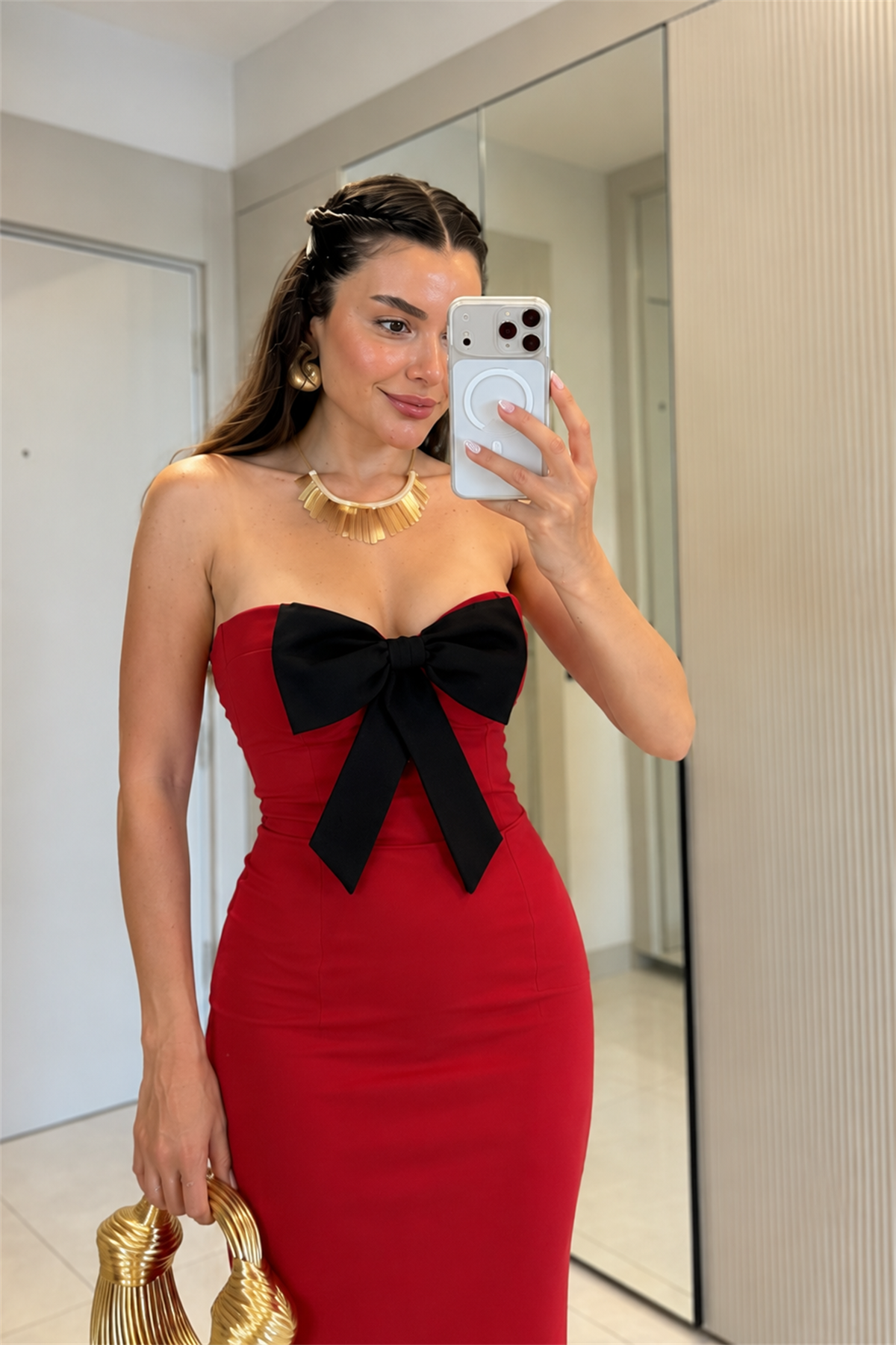 Carlina Kırmızı Straplez Fiyonk Detaylı Elbise