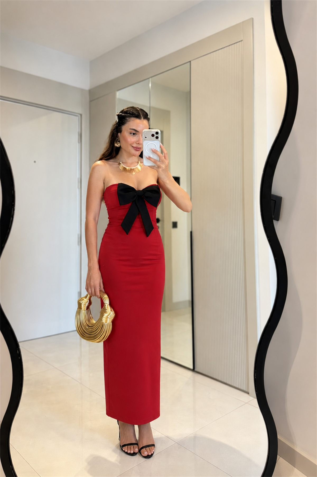 Carlina Kırmızı Straplez Fiyonk Detaylı Elbise