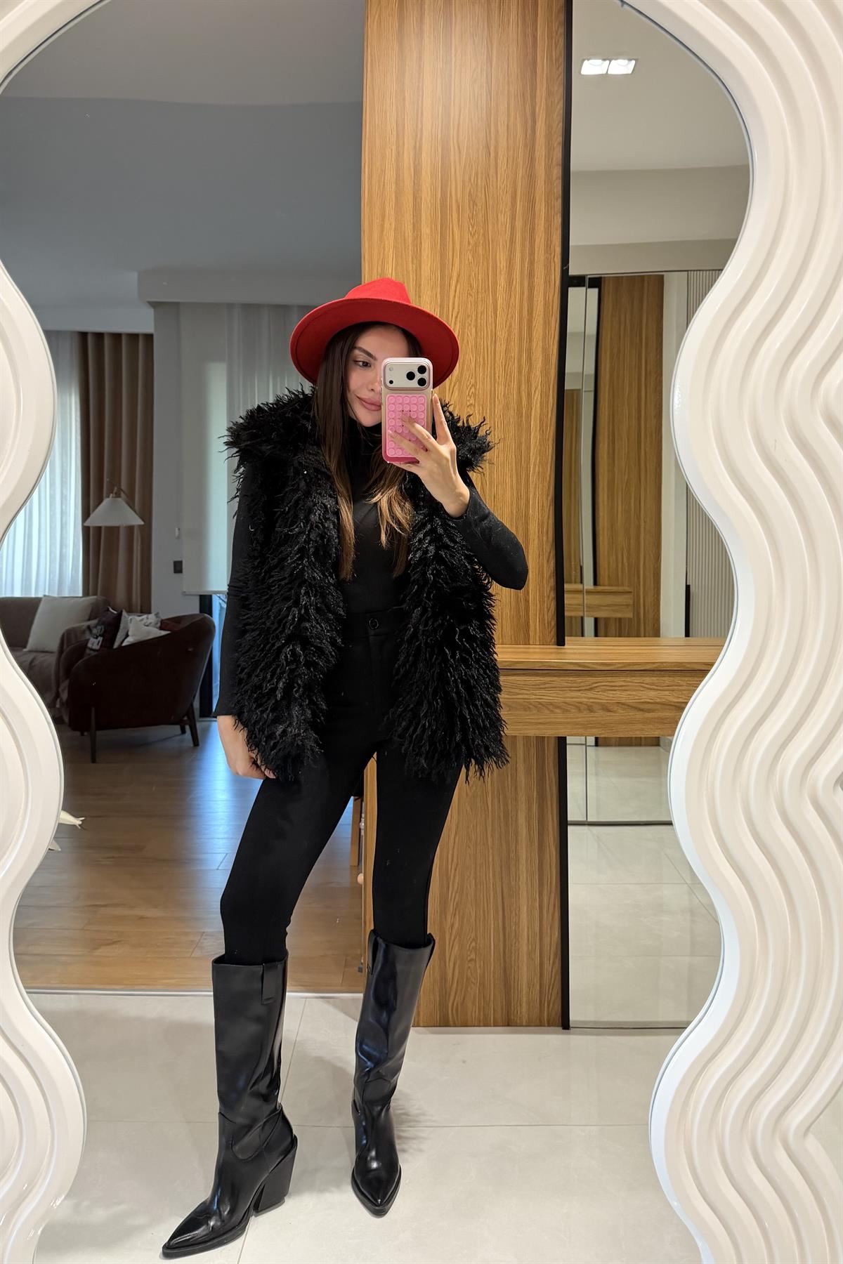 Carlos Siyah Kürk Yelek 