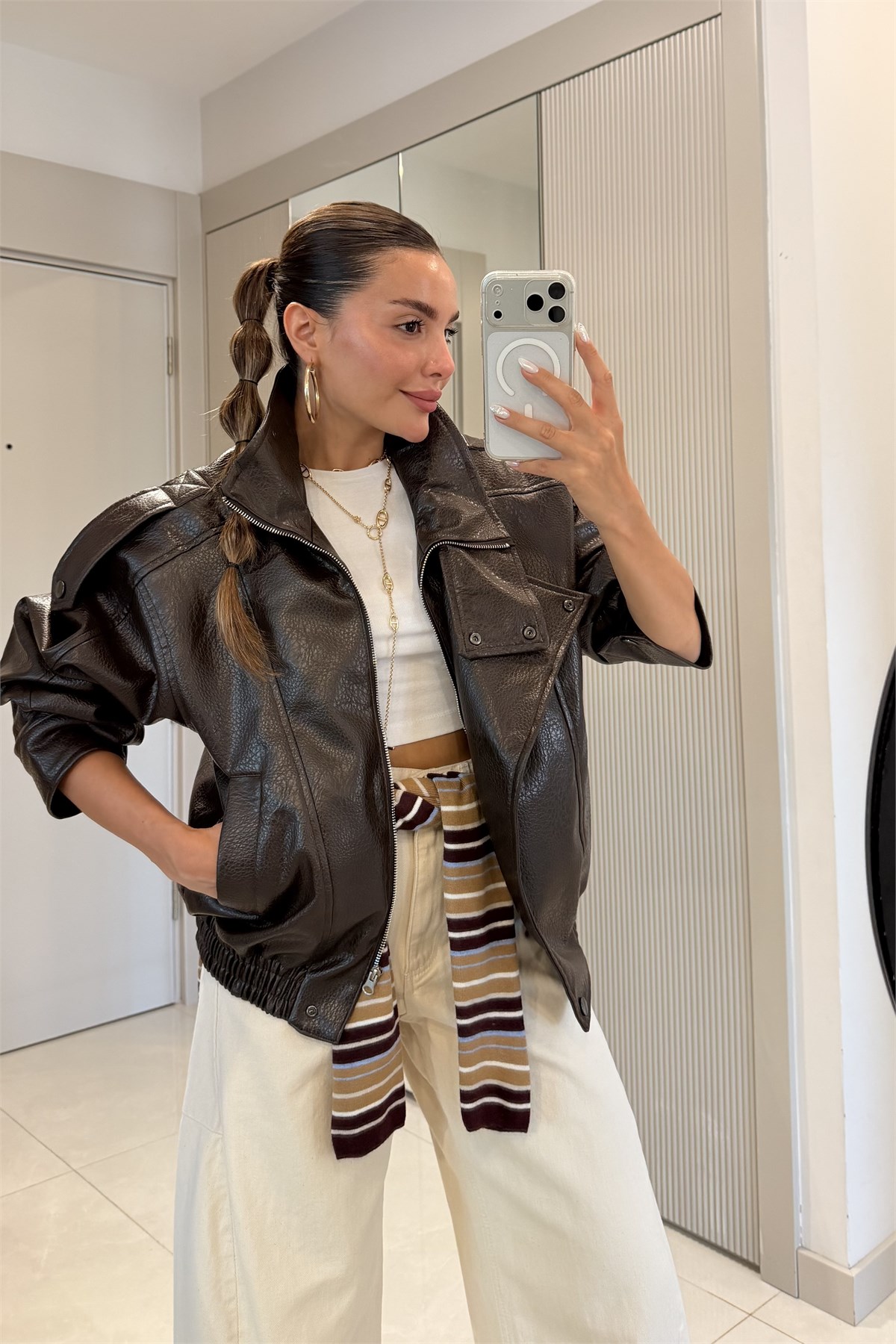 Carlota Kahve Oversize Fermuarlı Suni Deri Ceket