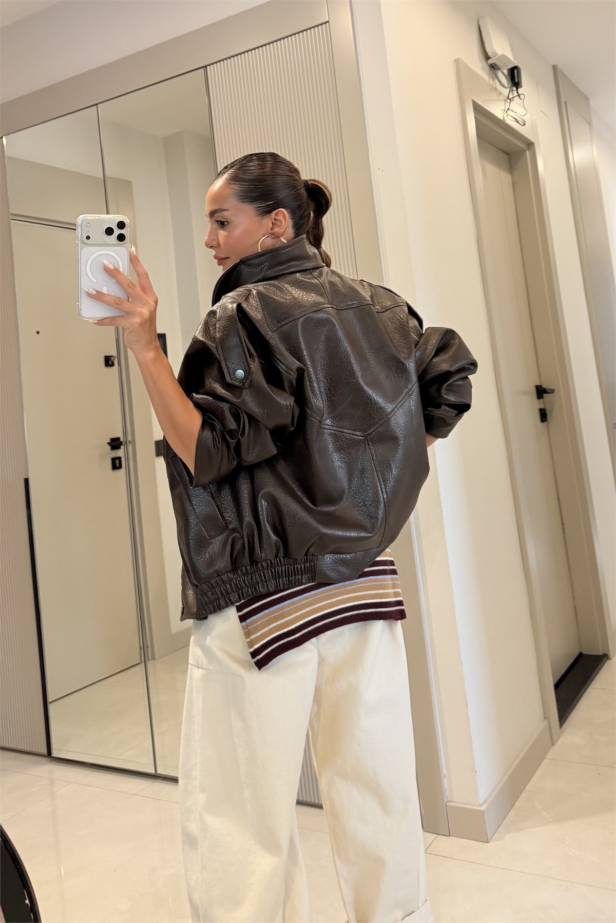 Carlota Kahve Oversize Fermuarlı Suni Deri Ceket