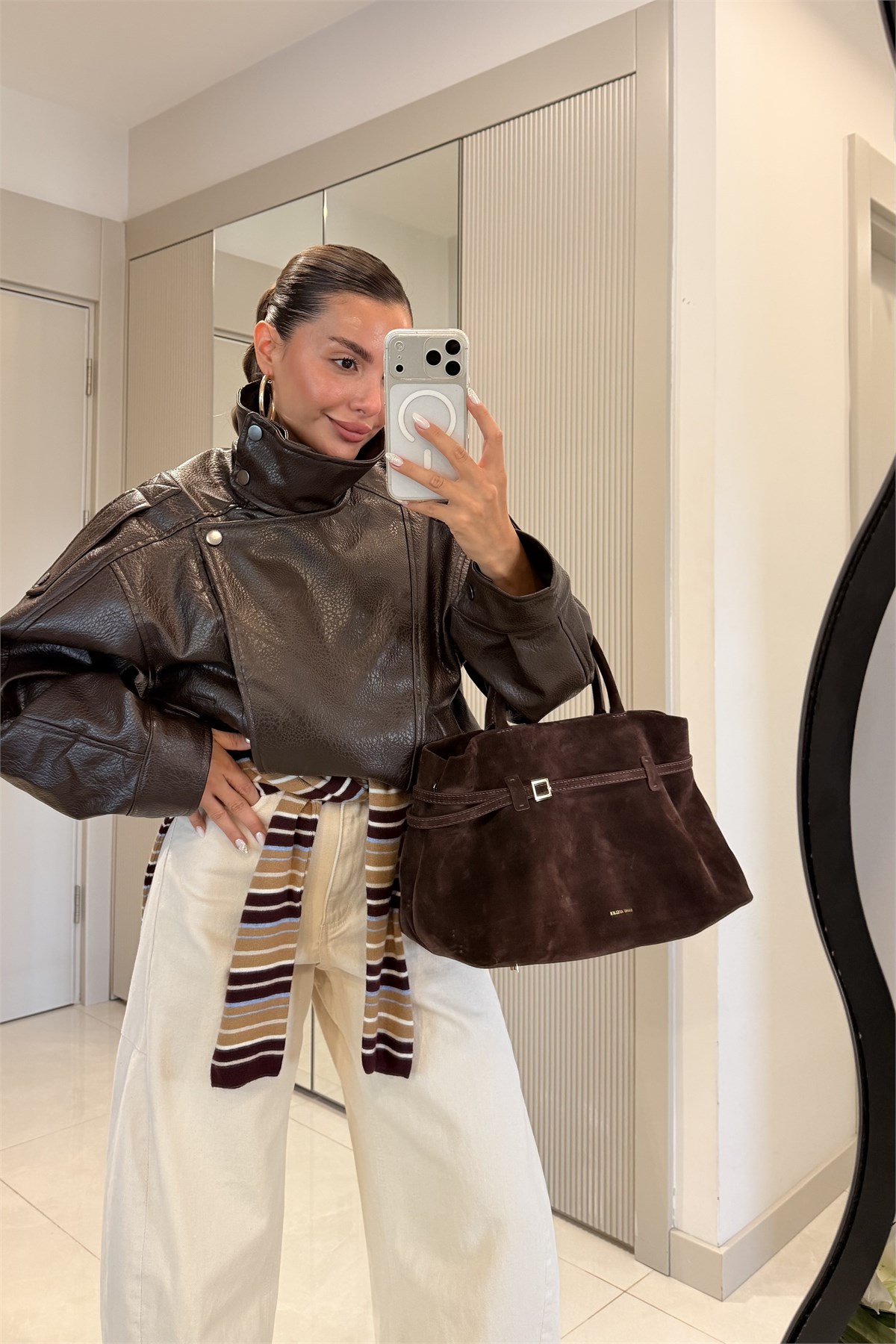 Carlota Kahve Oversize Fermuarlı Suni Deri Ceket