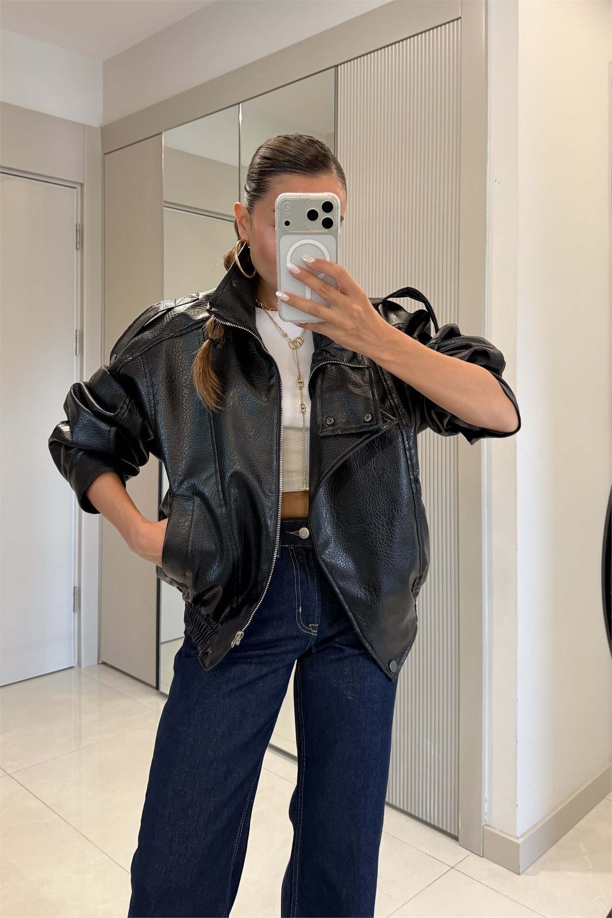 Carlota Siyah Oversize Fermuarlı Suni Deri Ceket