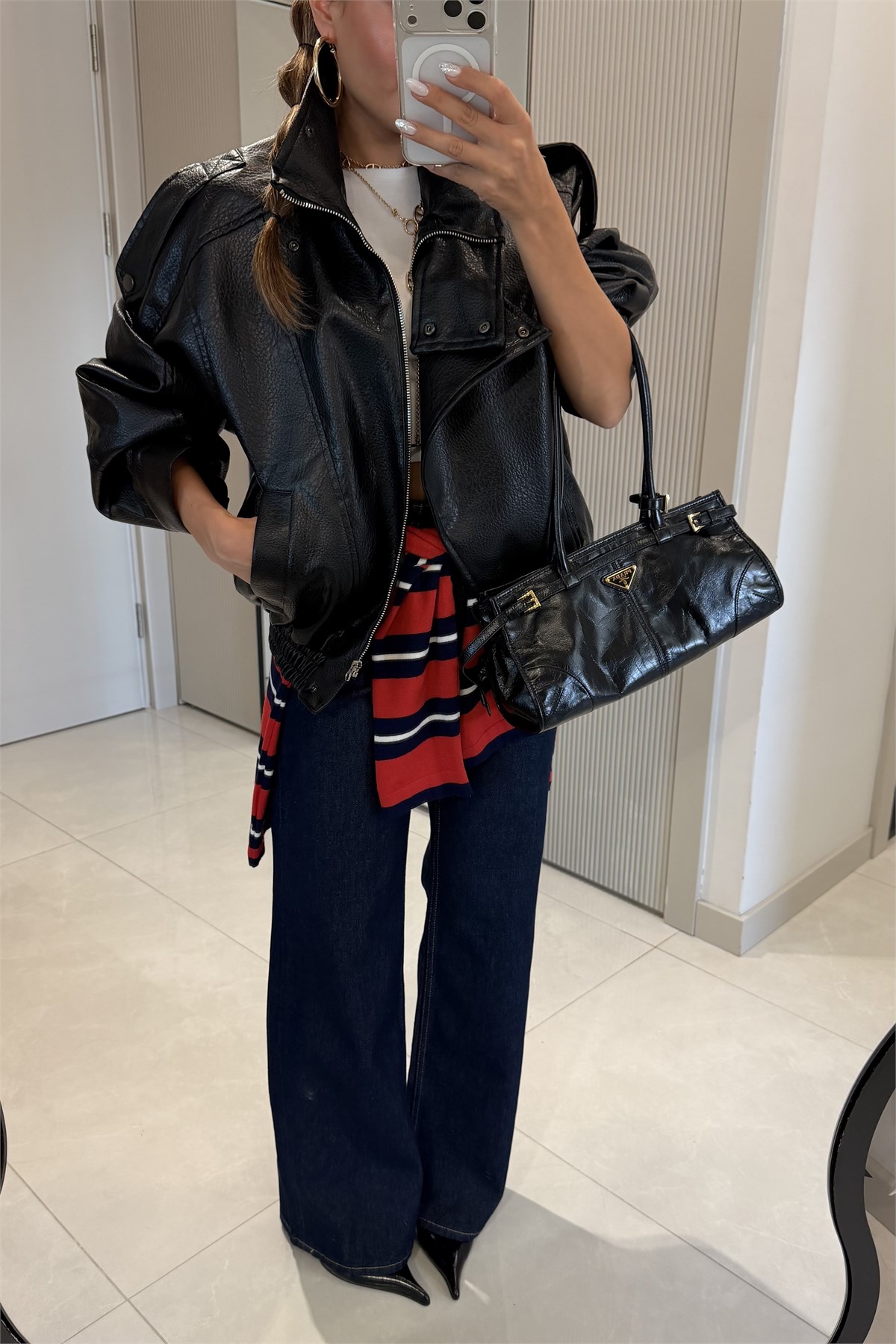 Carlota Siyah Oversize Fermuarlı Suni Deri Ceket
