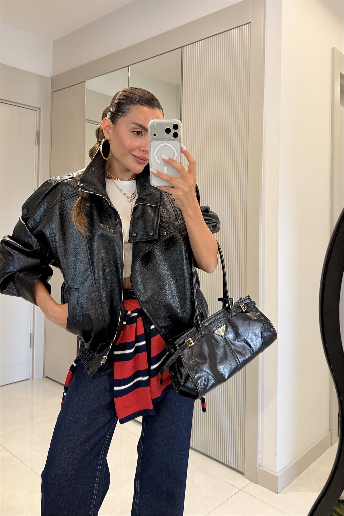 Carlota Siyah Oversize Fermuarlı Suni Deri Ceket