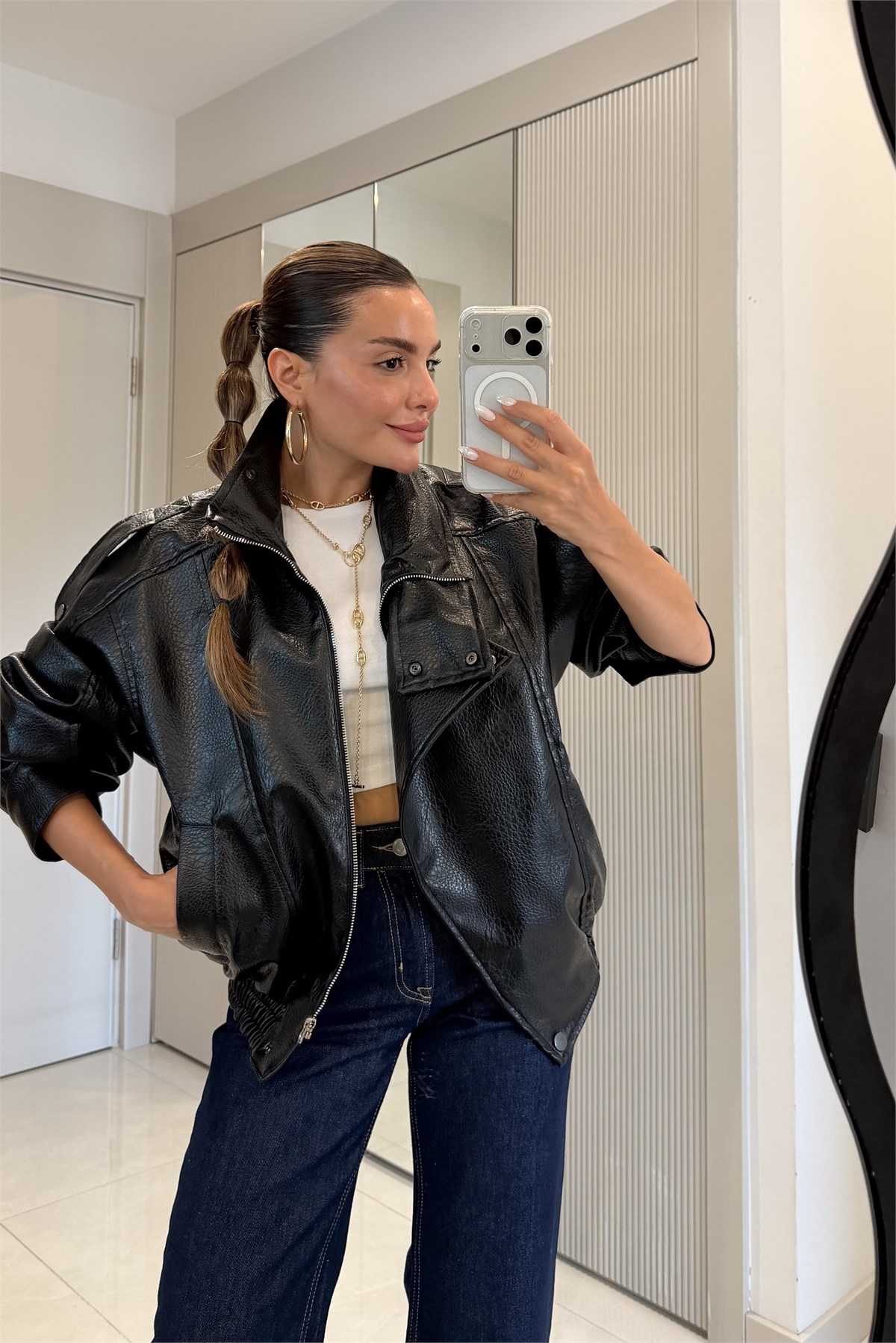Carlota Siyah Oversize Fermuarlı Suni Deri Ceket