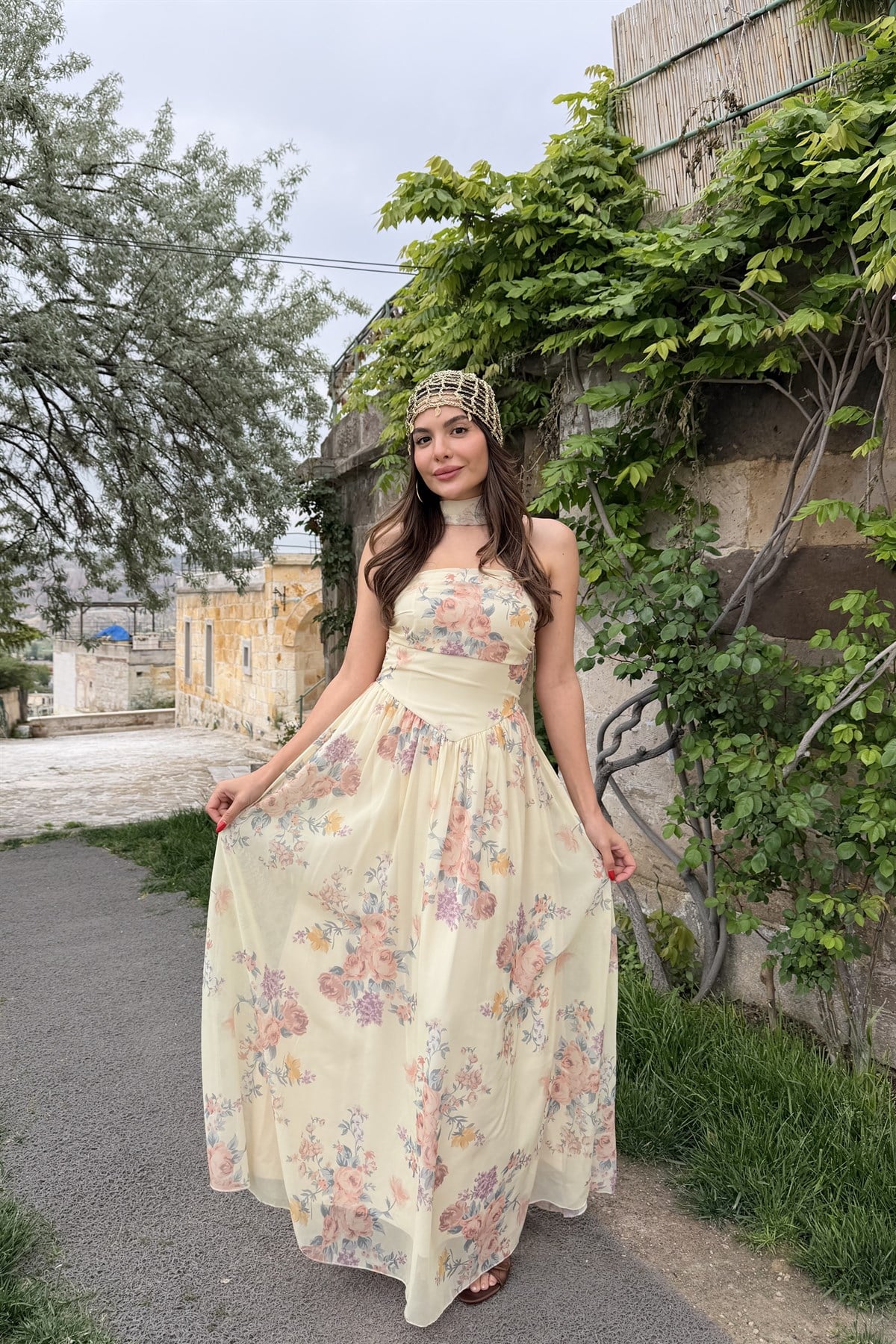 Carmela Şifon Çiçek Desen Şallı Elbise