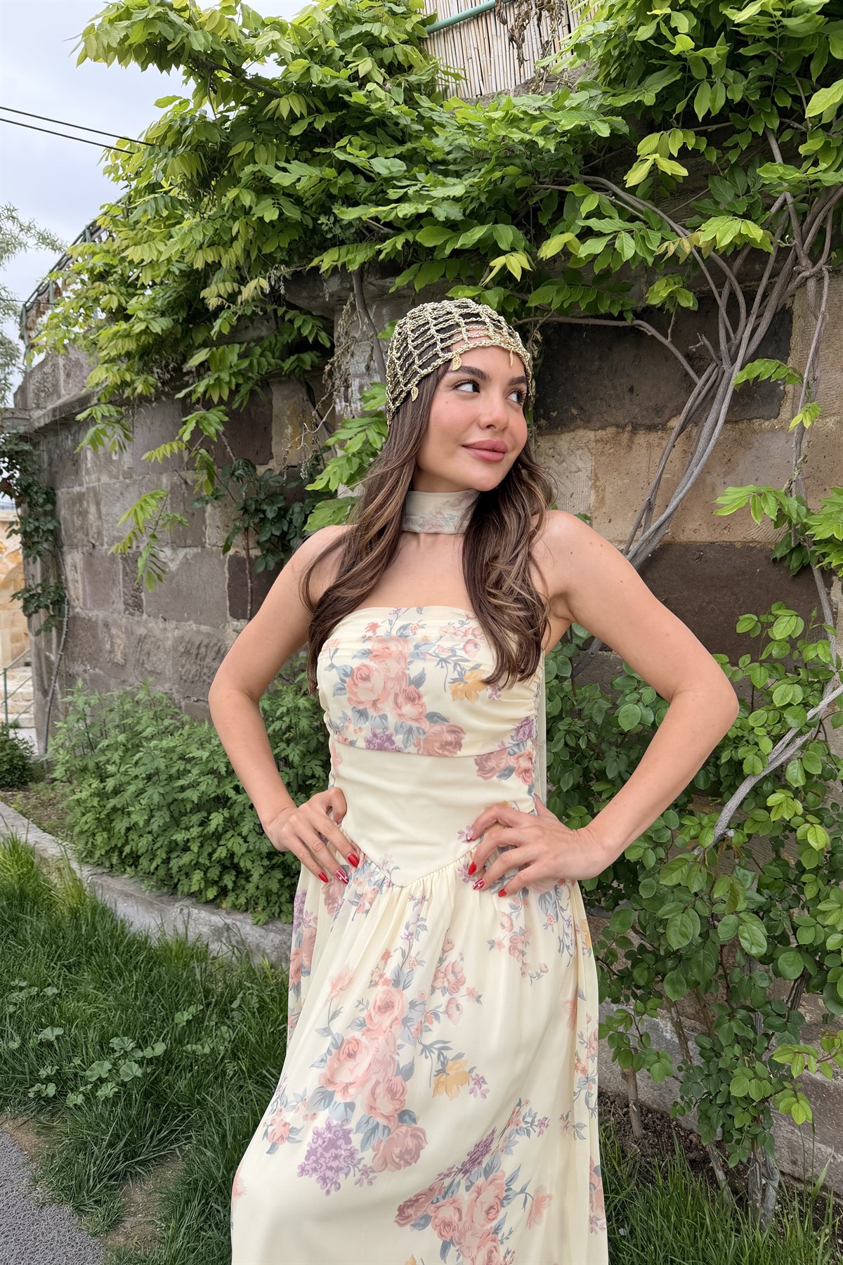 Carmela Şifon Çiçek Desen Şallı Elbise
