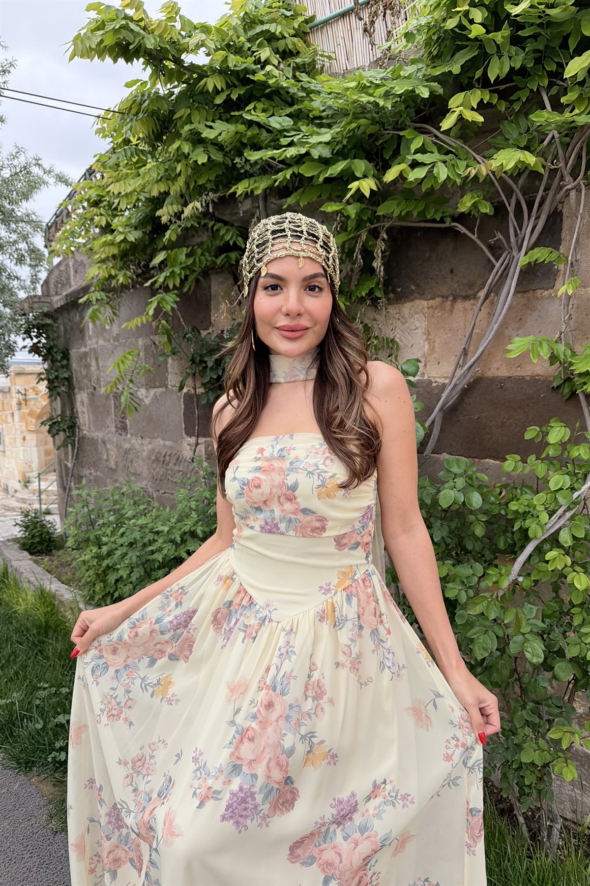 Carmela Şifon Çiçek Desen Şallı Elbise