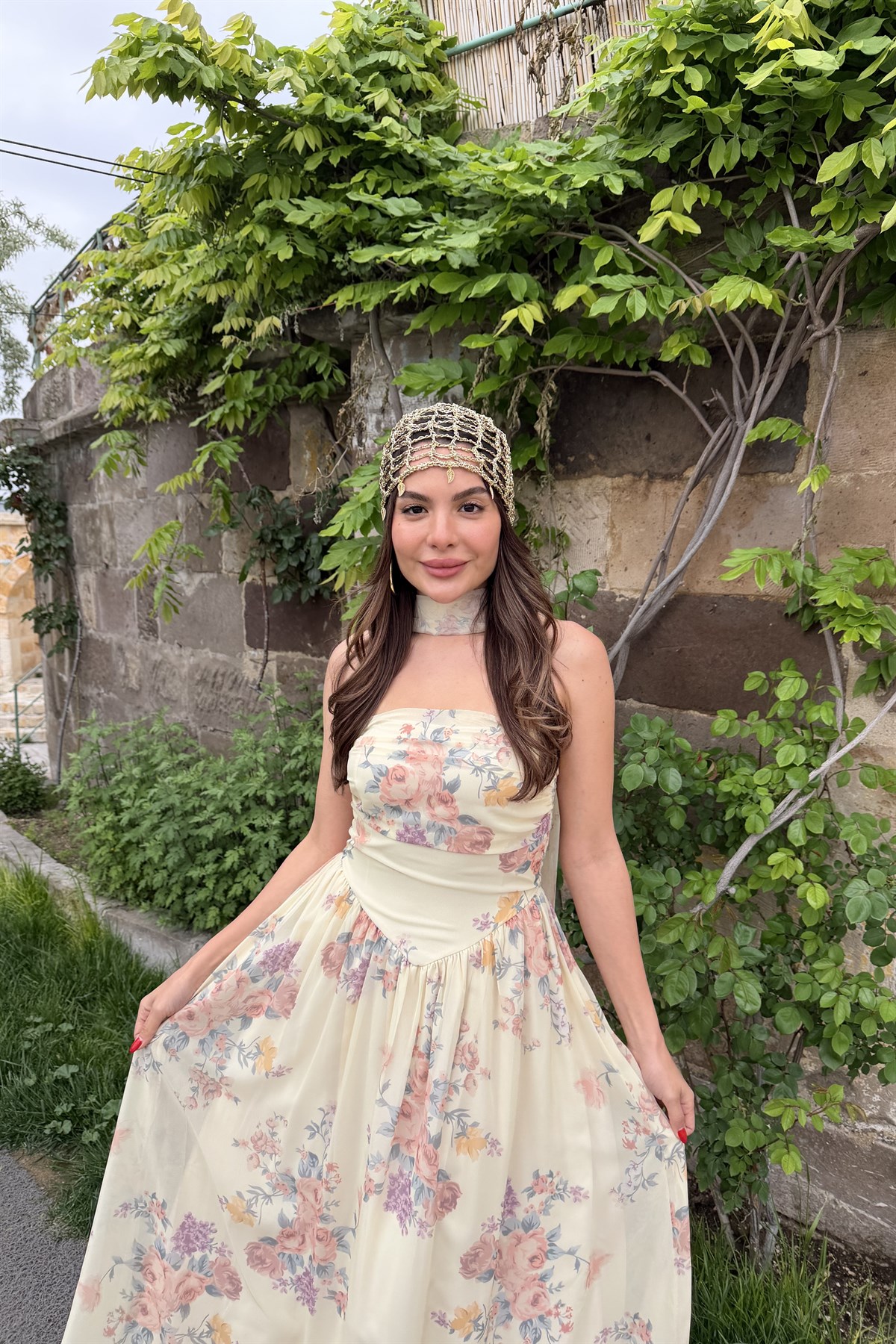 Carmela Şifon Çiçek Desen Şallı Elbise