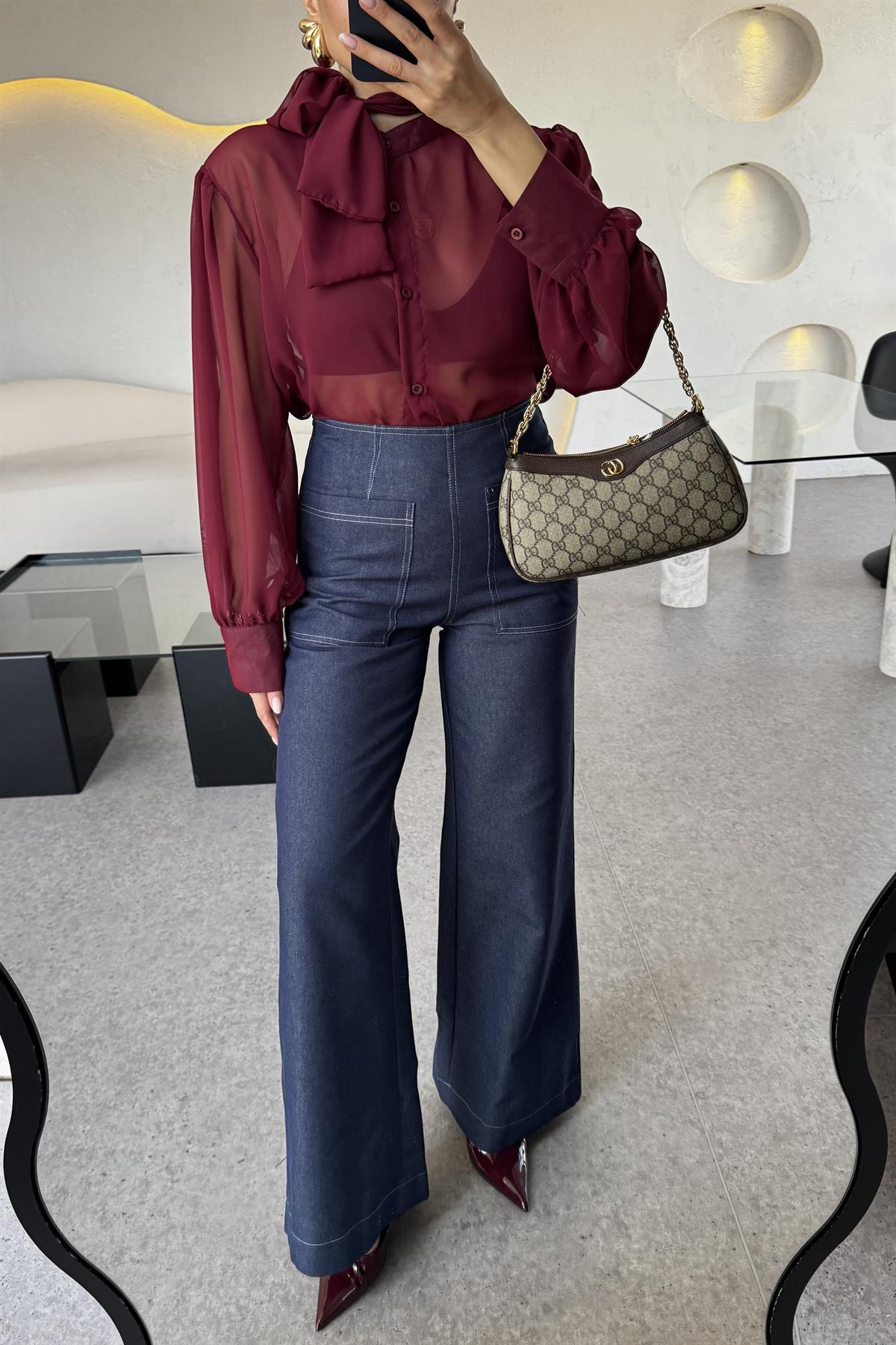 Carmen Lacivert Dikiş Detaylı Flare Jean