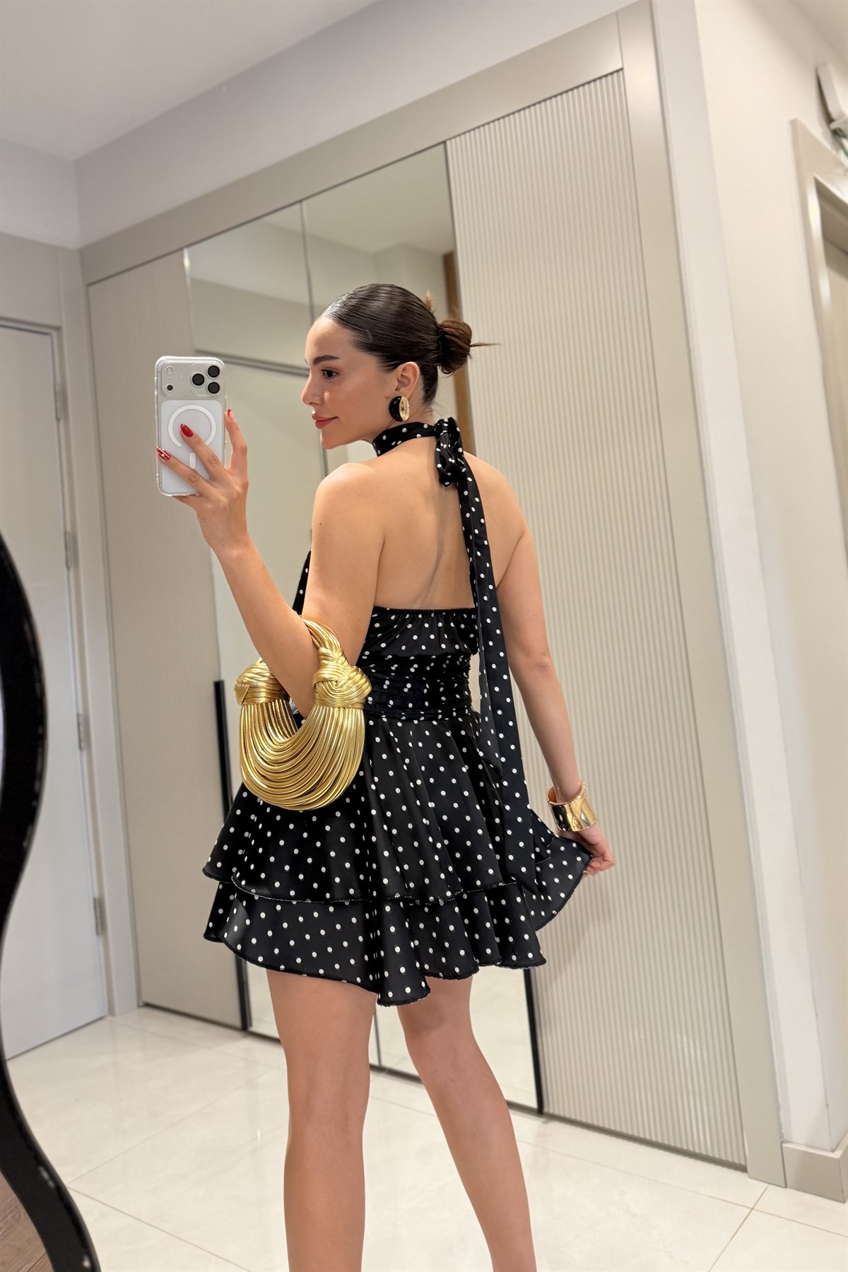 Carmen Siyah Saten Puantiyeli Elbise
