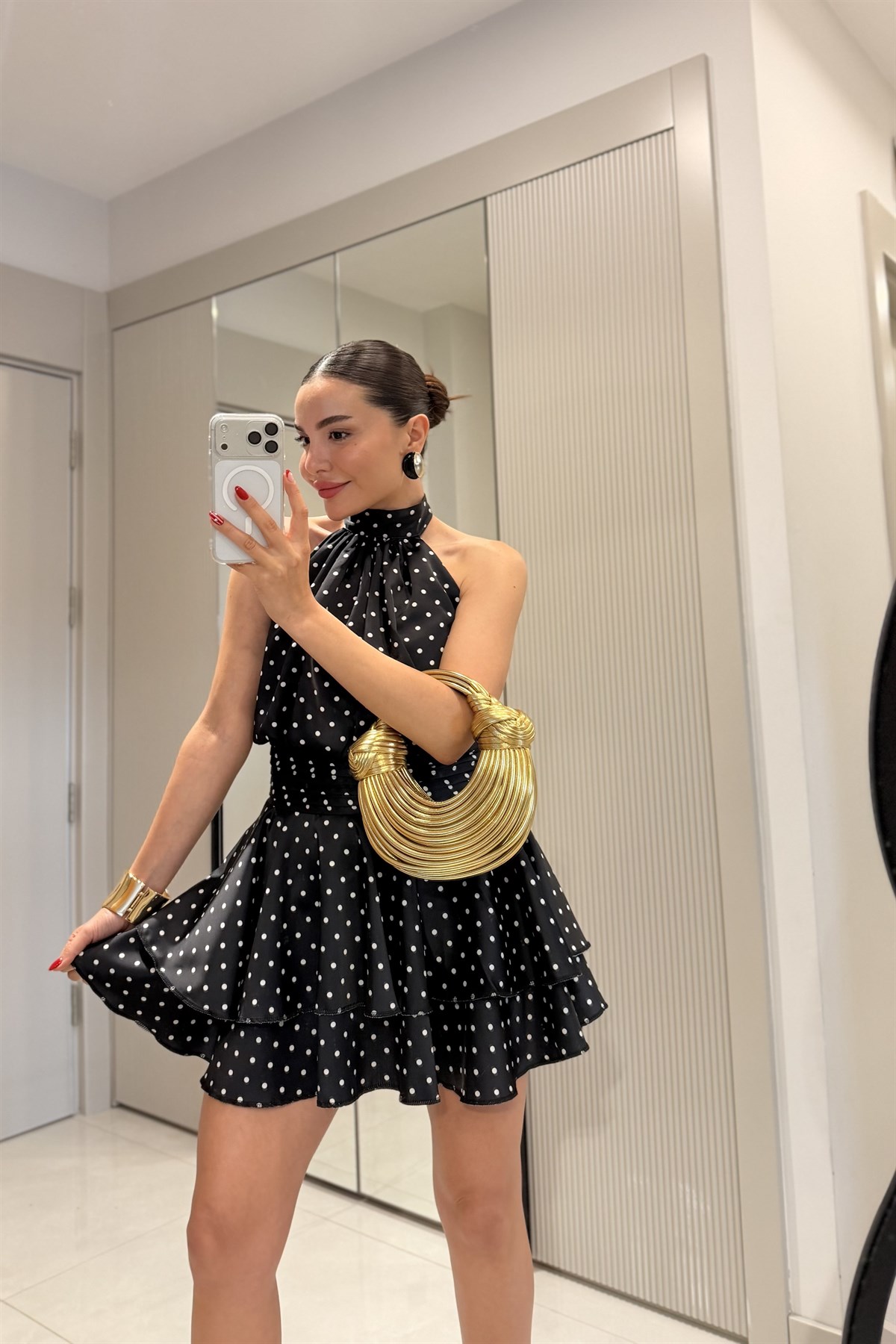 Carmen Siyah Saten Puantiyeli Elbise