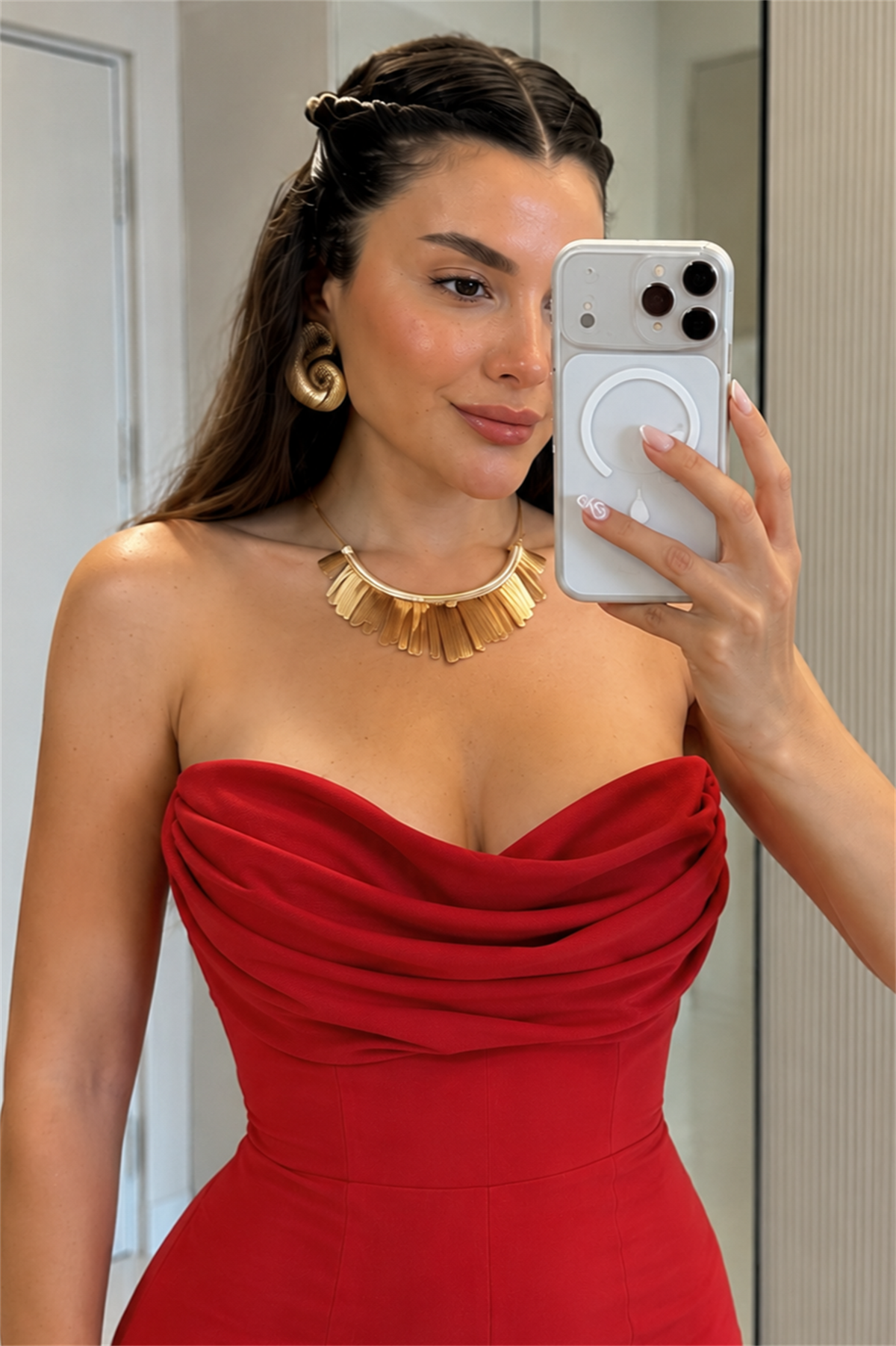 Carolla Kırmızı Straplez Drape Detaylı Tulum
