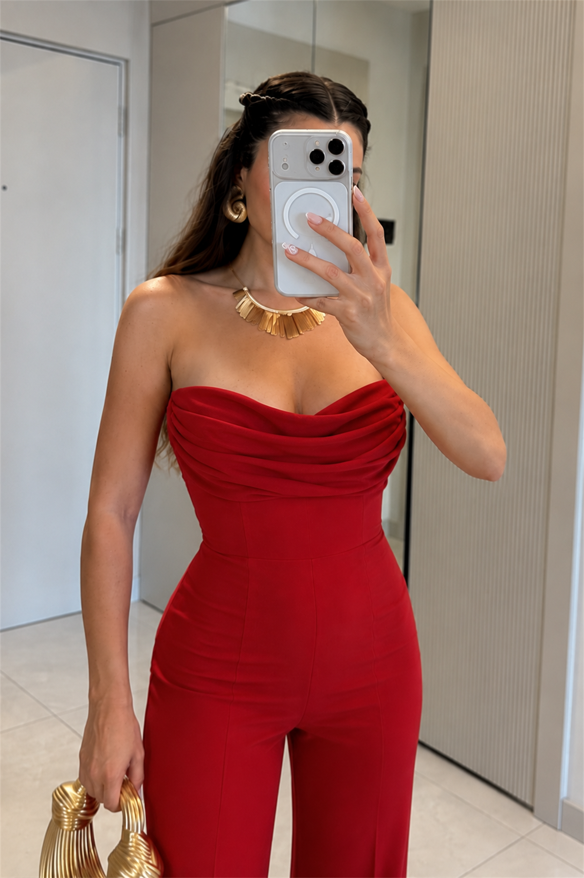 Carolla Kırmızı Straplez Drape Detaylı Tulum