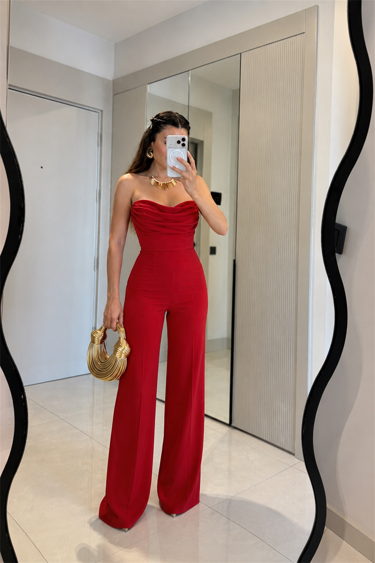 Carolla Kırmızı Straplez Drape Detaylı Tulum