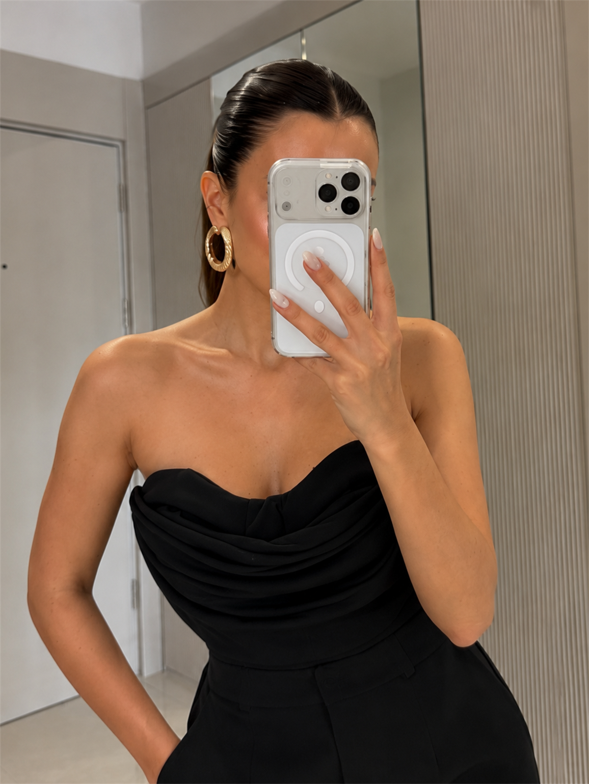 Carolla Siyah Straplez Drape Detaylı Tulum