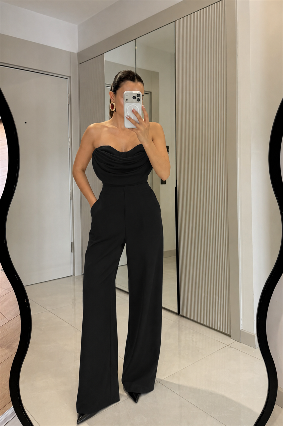Carolla Siyah Straplez Drape Detaylı Tulum