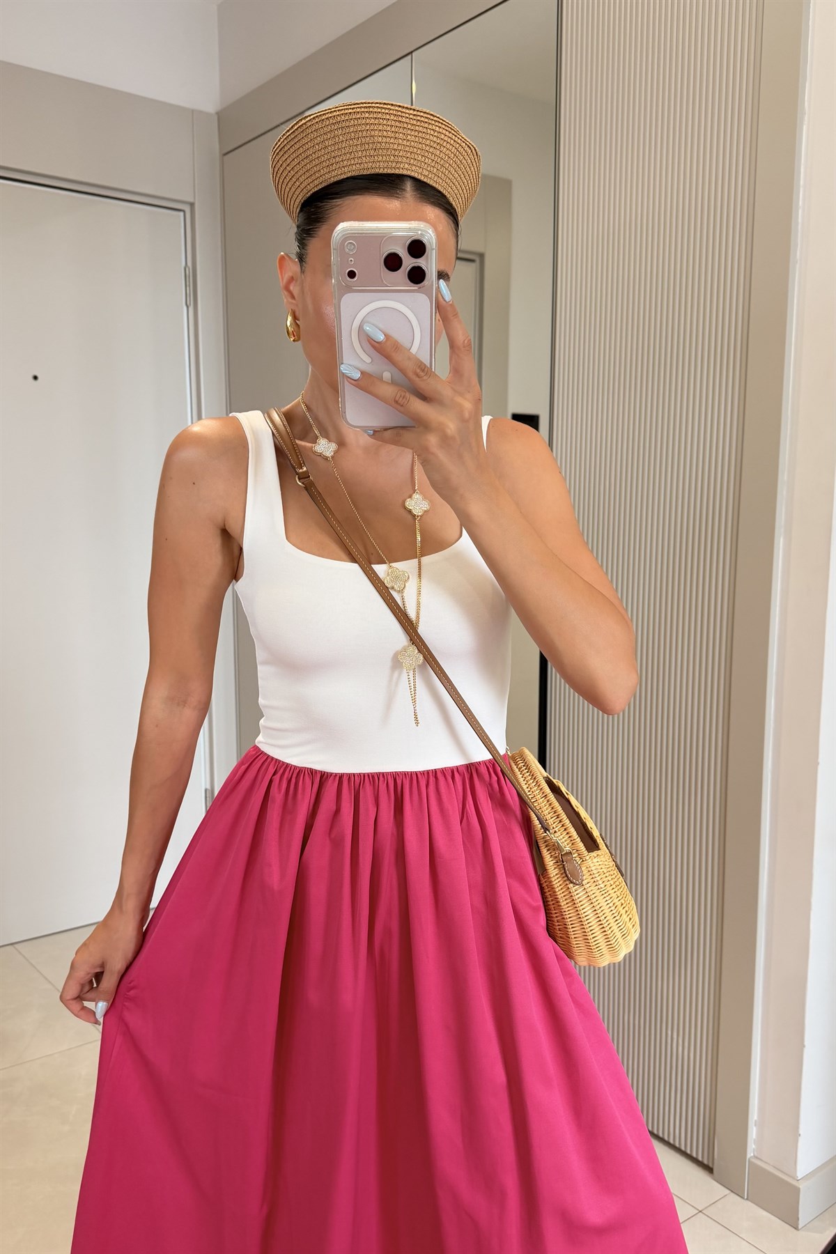 Carry Fuşya Kare Yaka Maxi Balon Elbise
