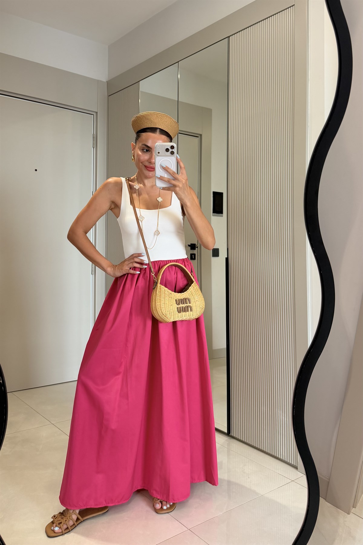 Carry Fuşya Kare Yaka Maxi Balon Elbise
