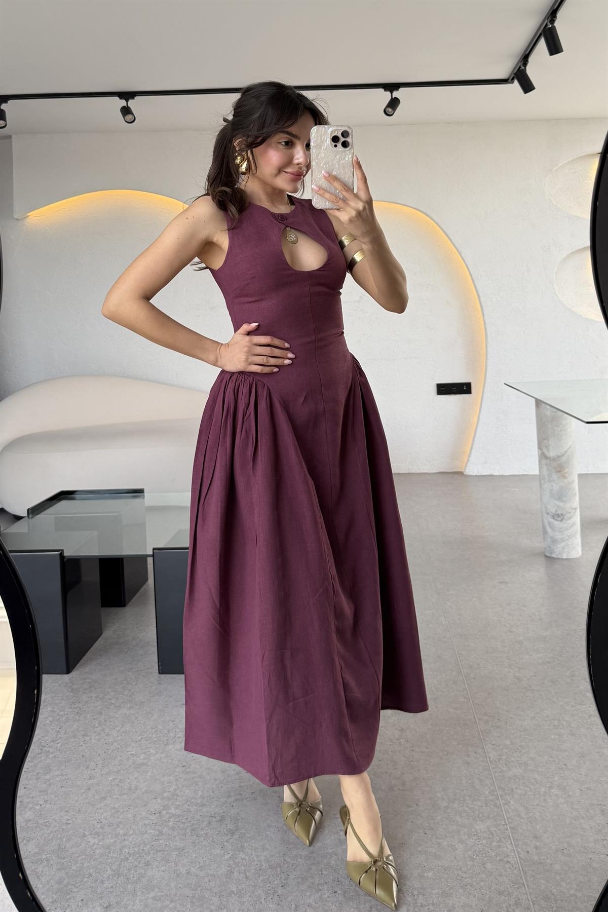 Cartella Mürdüm Yaka Dekolteli Belden Oturan Ham Keten Elbise