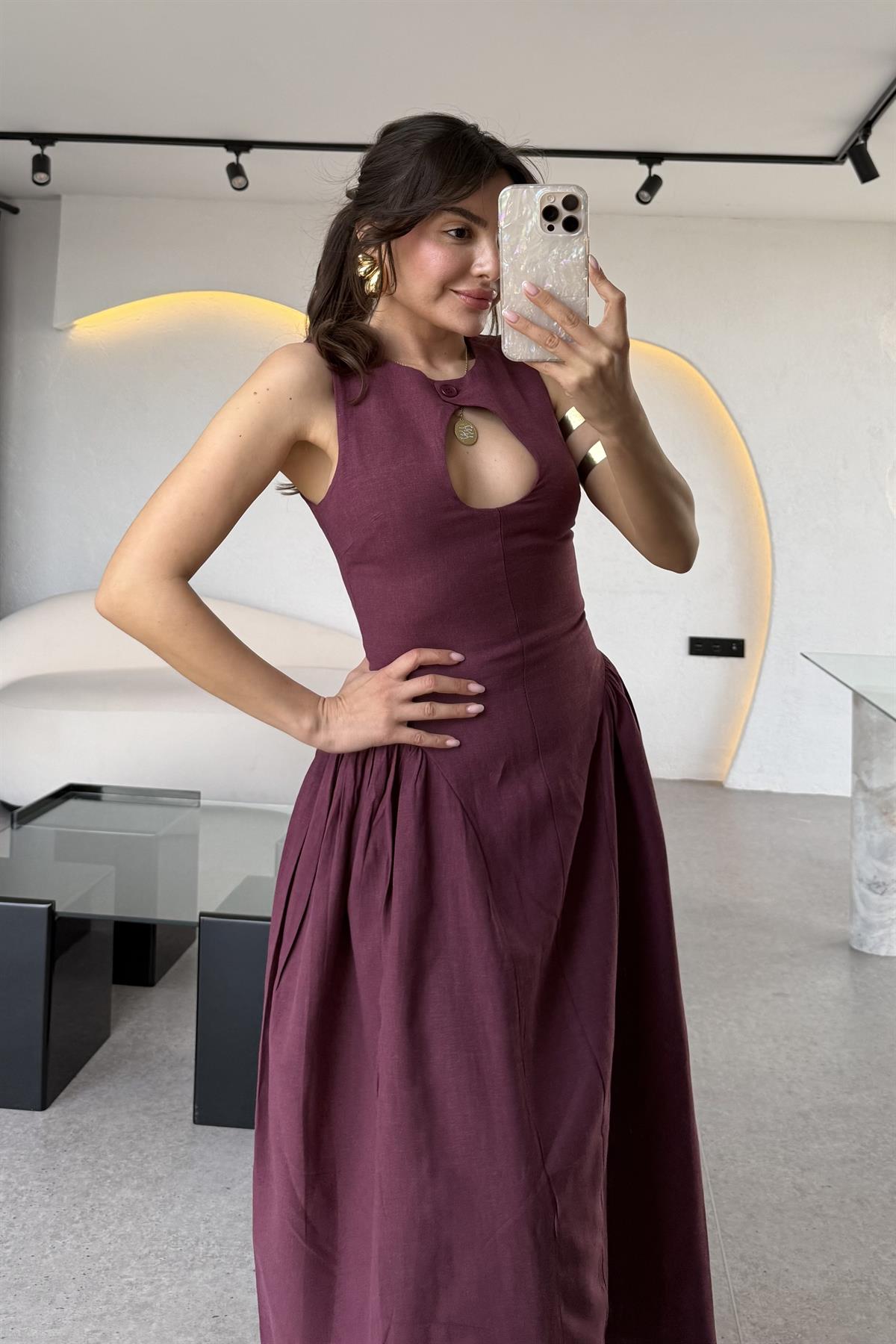 Cartella Mürdüm Yaka Dekolteli Belden Oturan Ham Keten Elbise