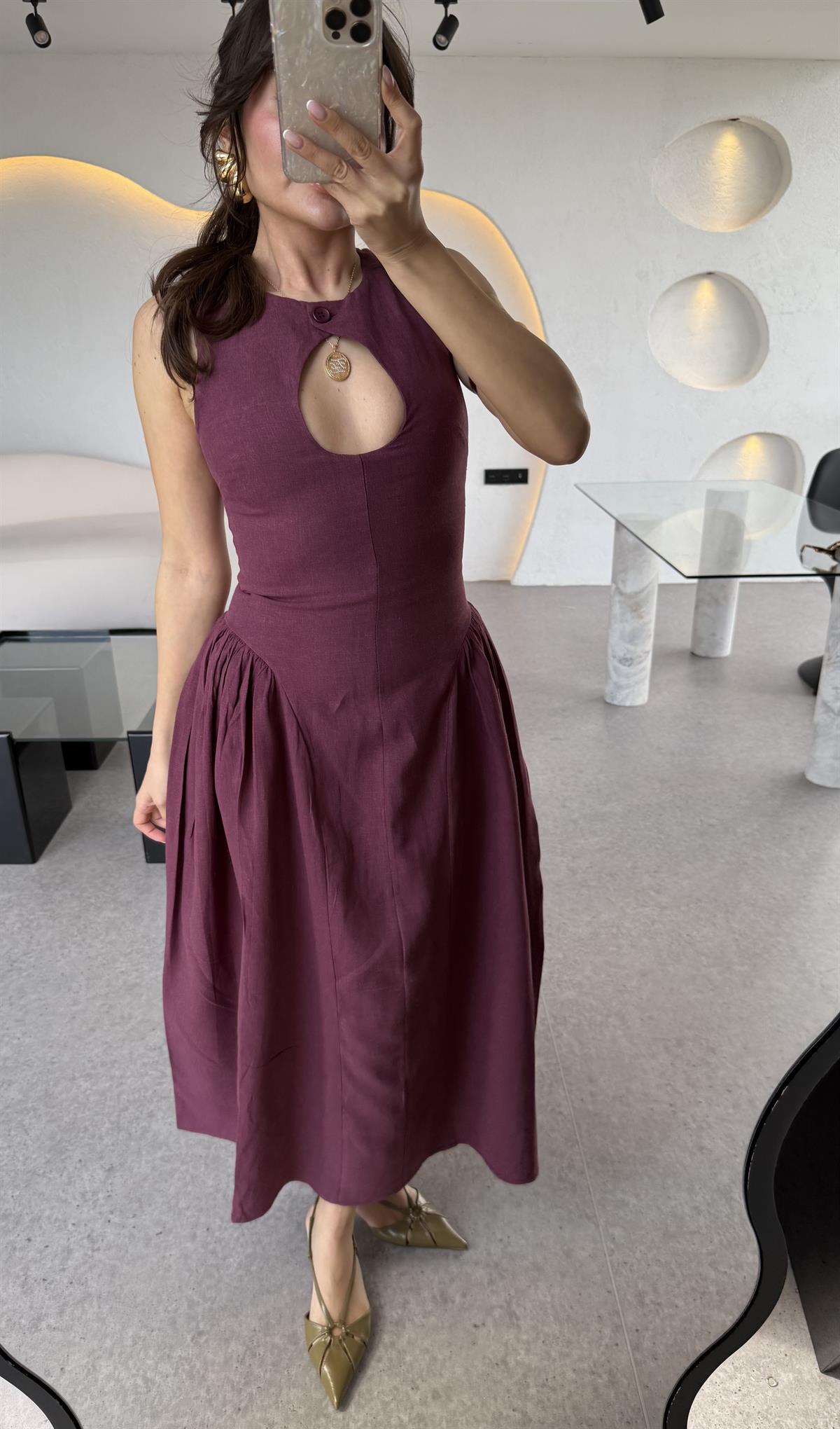 Cartella Mürdüm Yaka Dekolteli Belden Oturan Ham Keten Elbise