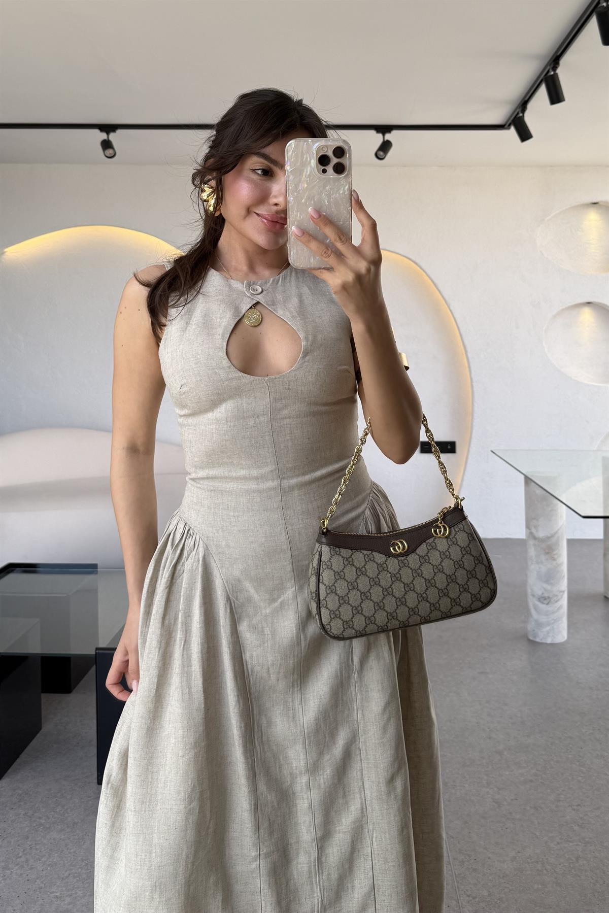 Cartella Taş Yaka Dekolteli Belden Oturan Ham Keten Elbise