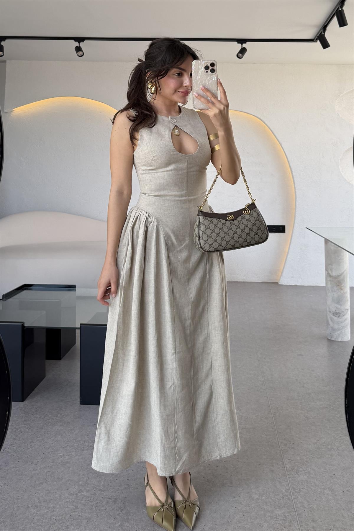 Cartella Taş Yaka Dekolteli Belden Oturan Ham Keten Elbise