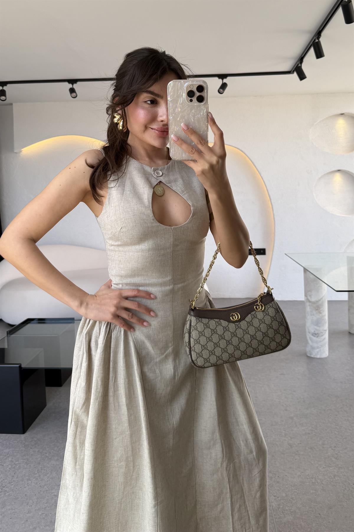 Cartella Taş Yaka Dekolteli Belden Oturan Ham Keten Elbise