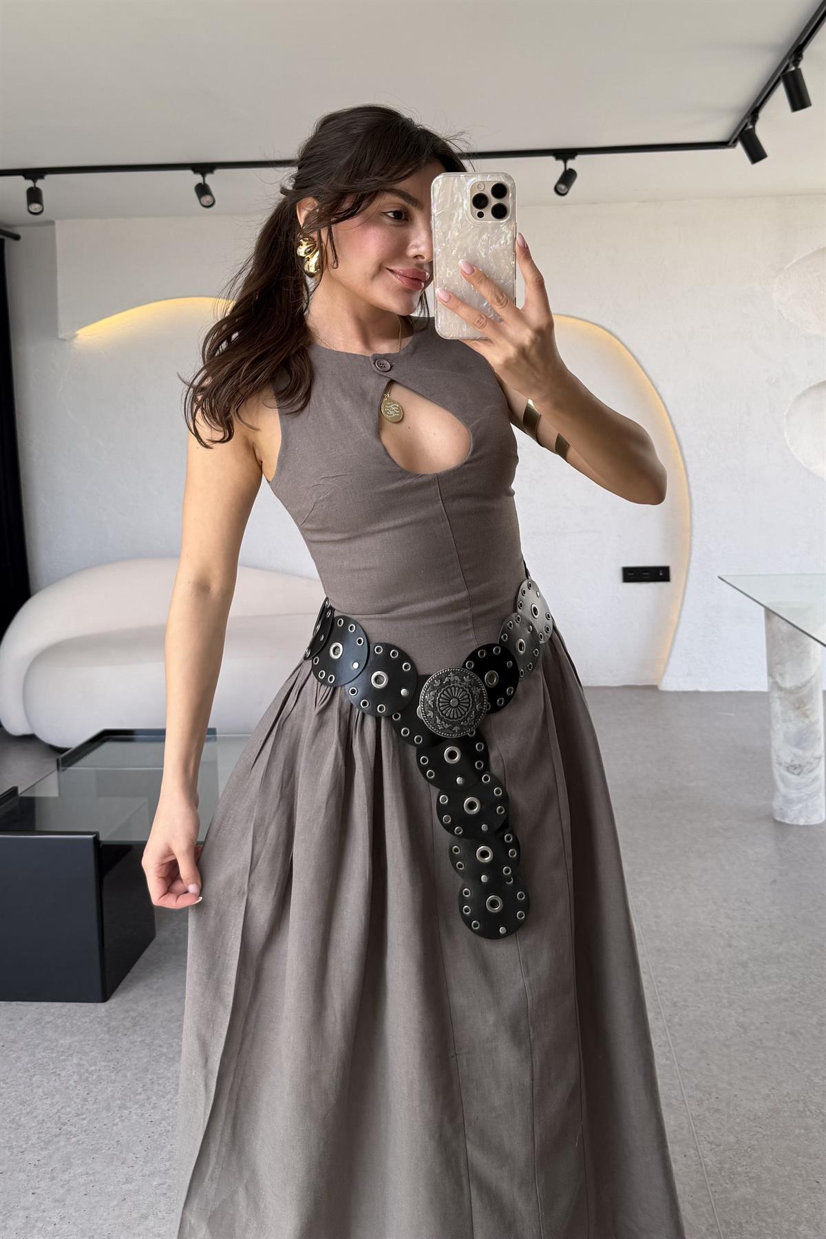 Cartella Vizon Yaka Dekolteli Belden Oturan Ham Keten Elbise