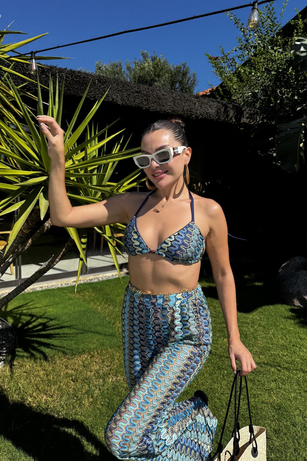 Caspian Mavi Desenli Örgü Büstiyer Pantolon Takım