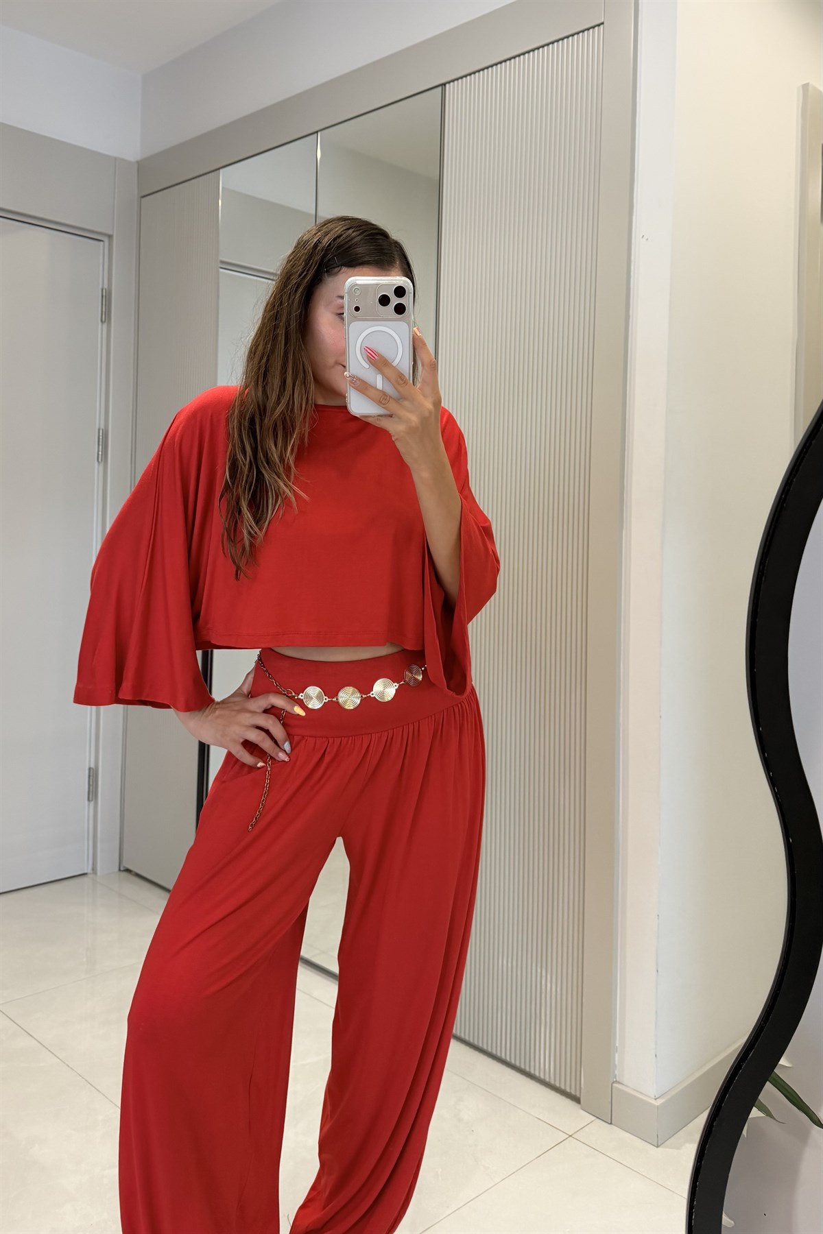 Cassidy Kırmızı Şalvar Yarasa Kol Crop Takım