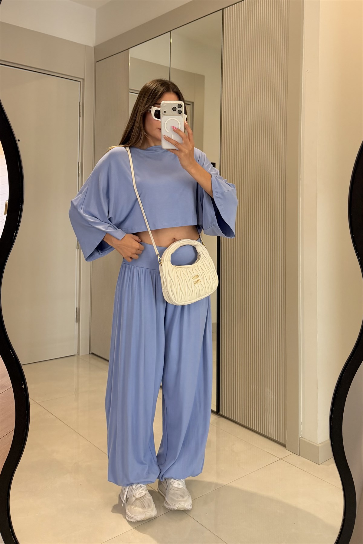 Cassidy Mavi Şalvar Yarasa Kol Crop Takım