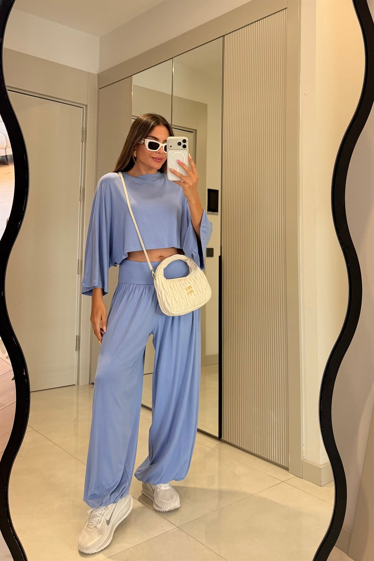 Cassidy Mavi Şalvar Yarasa Kol Crop Takım