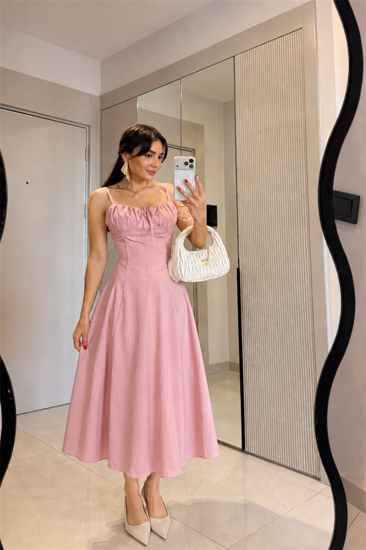 Castel Pembe Korse Askılı Elbise