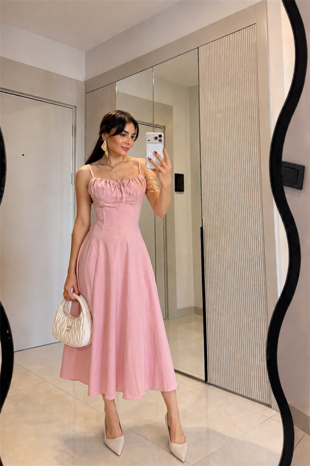 Castel Pembe Korse Askılı Elbise