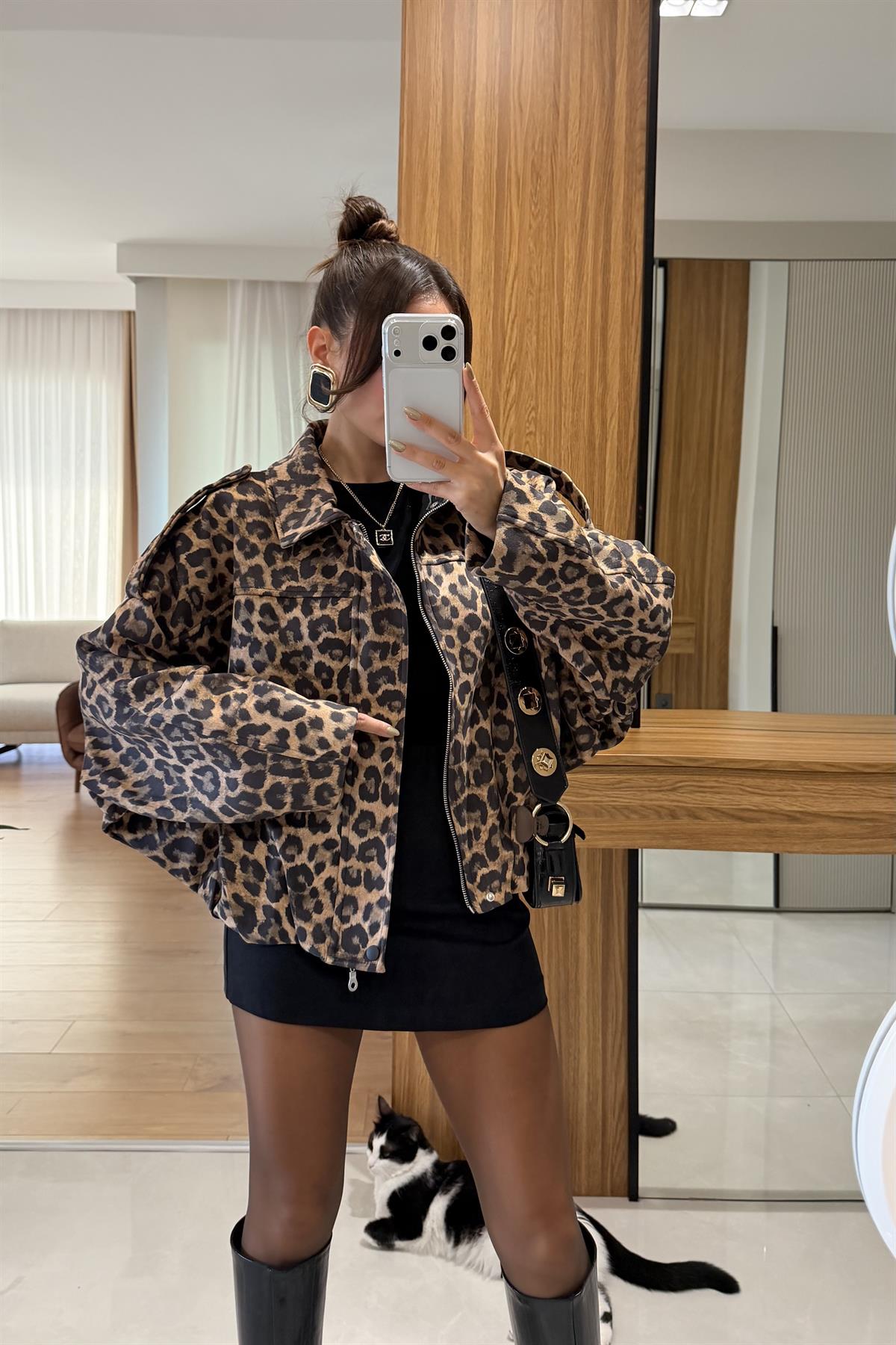 Casual Leopar Bomber Ceket 