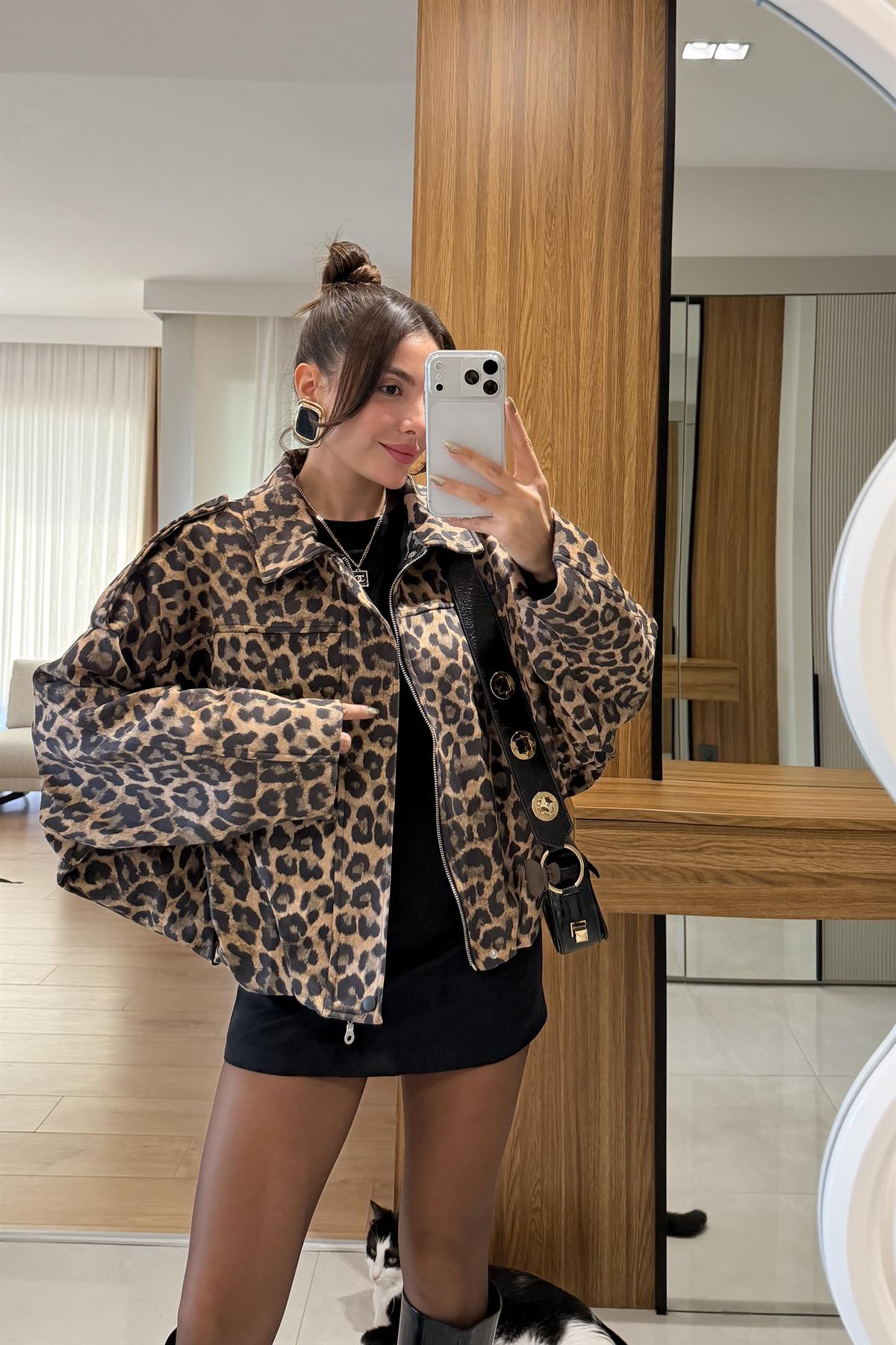 Casual Leopar Bomber Ceket 