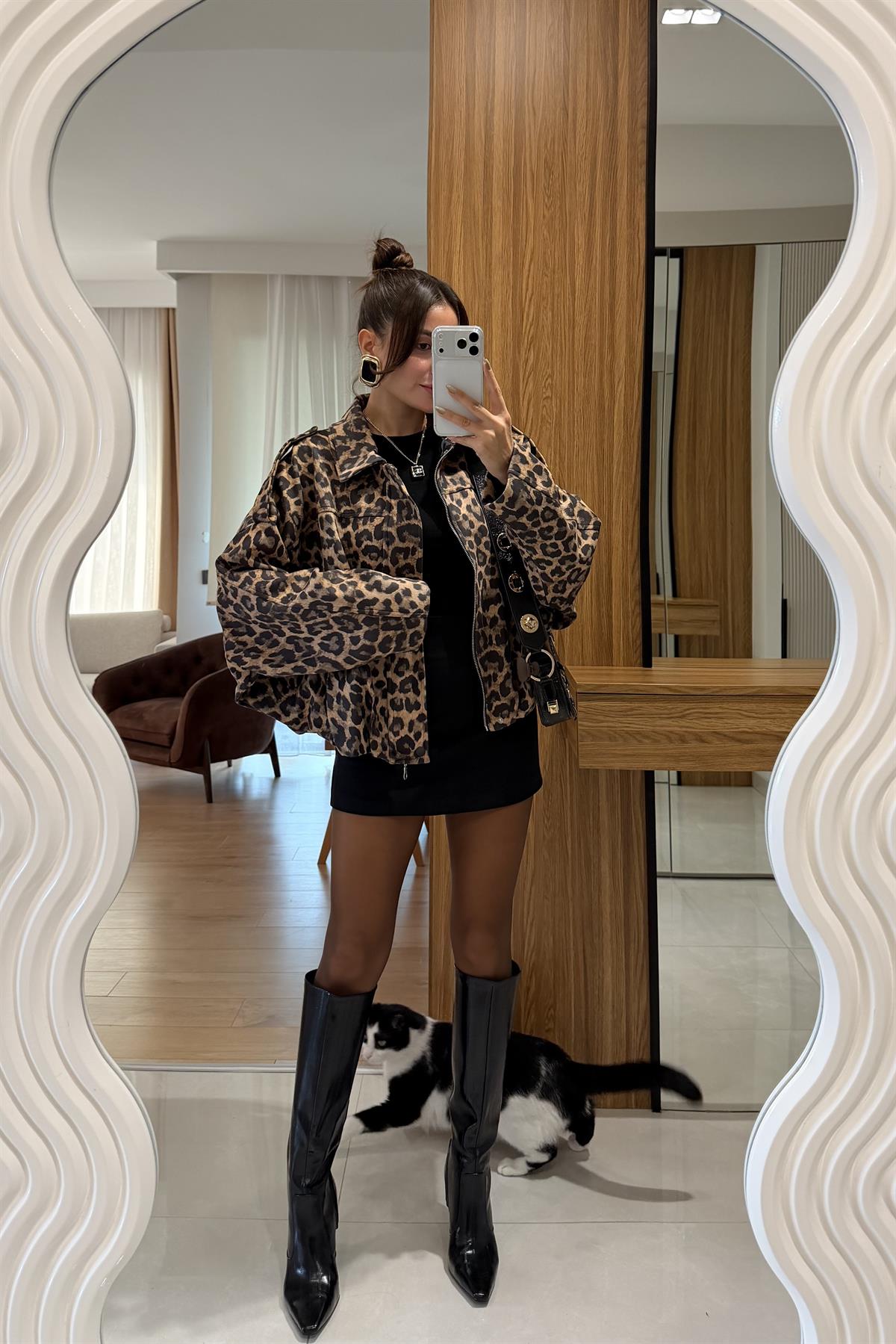 Casual Leopar Bomber Ceket 