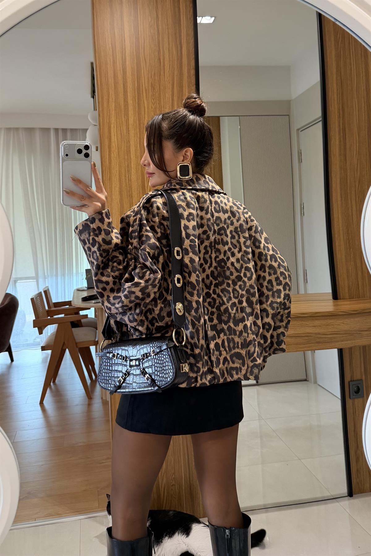 Casual Leopar Bomber Ceket 