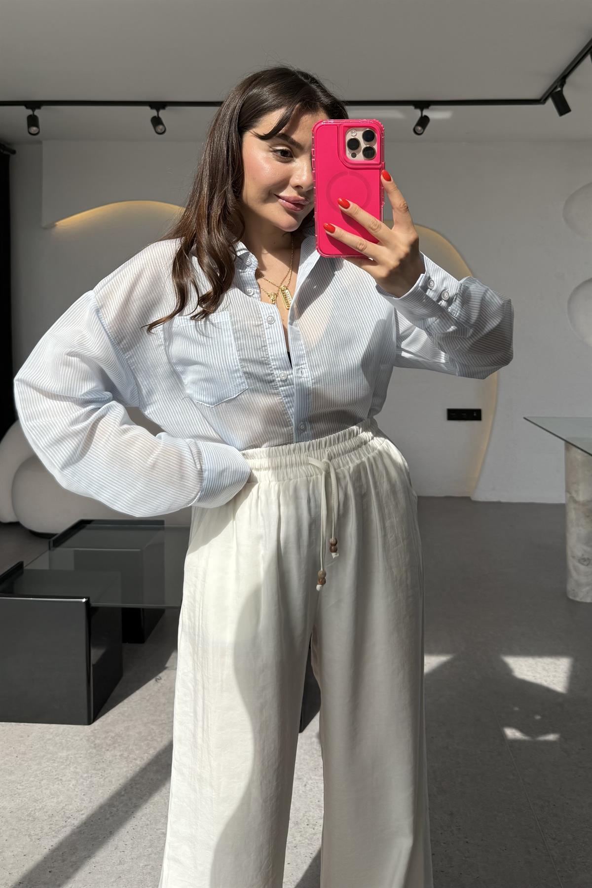 Catty Mavi Transparan Çizgili Gömlek